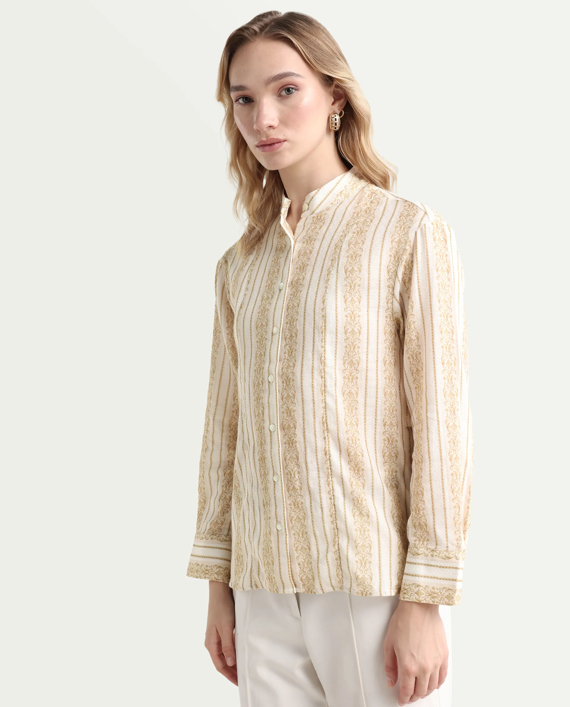 Rareism Women's Cuneo Beige Cotton Mandarin Collar Striped Cuffed Sleeve Regular Fit Shirt - Image 3