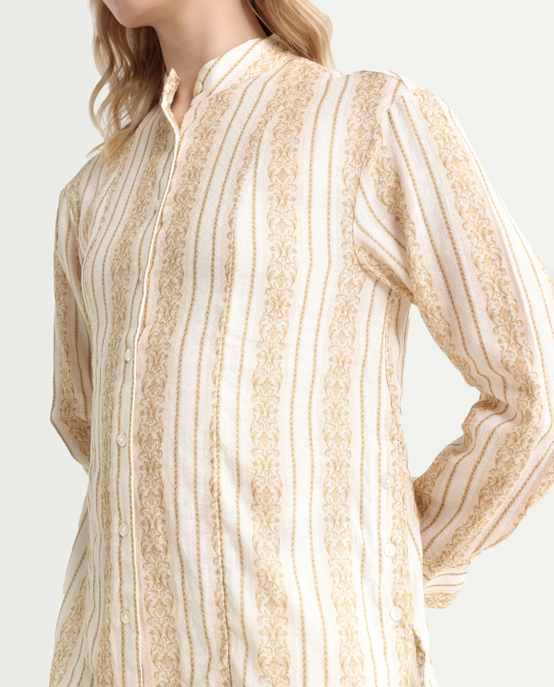 Rareism Women's Cuneo Beige Cotton Mandarin Collar Striped Cuffed Sleeve Regular Fit Shirt - Image 4