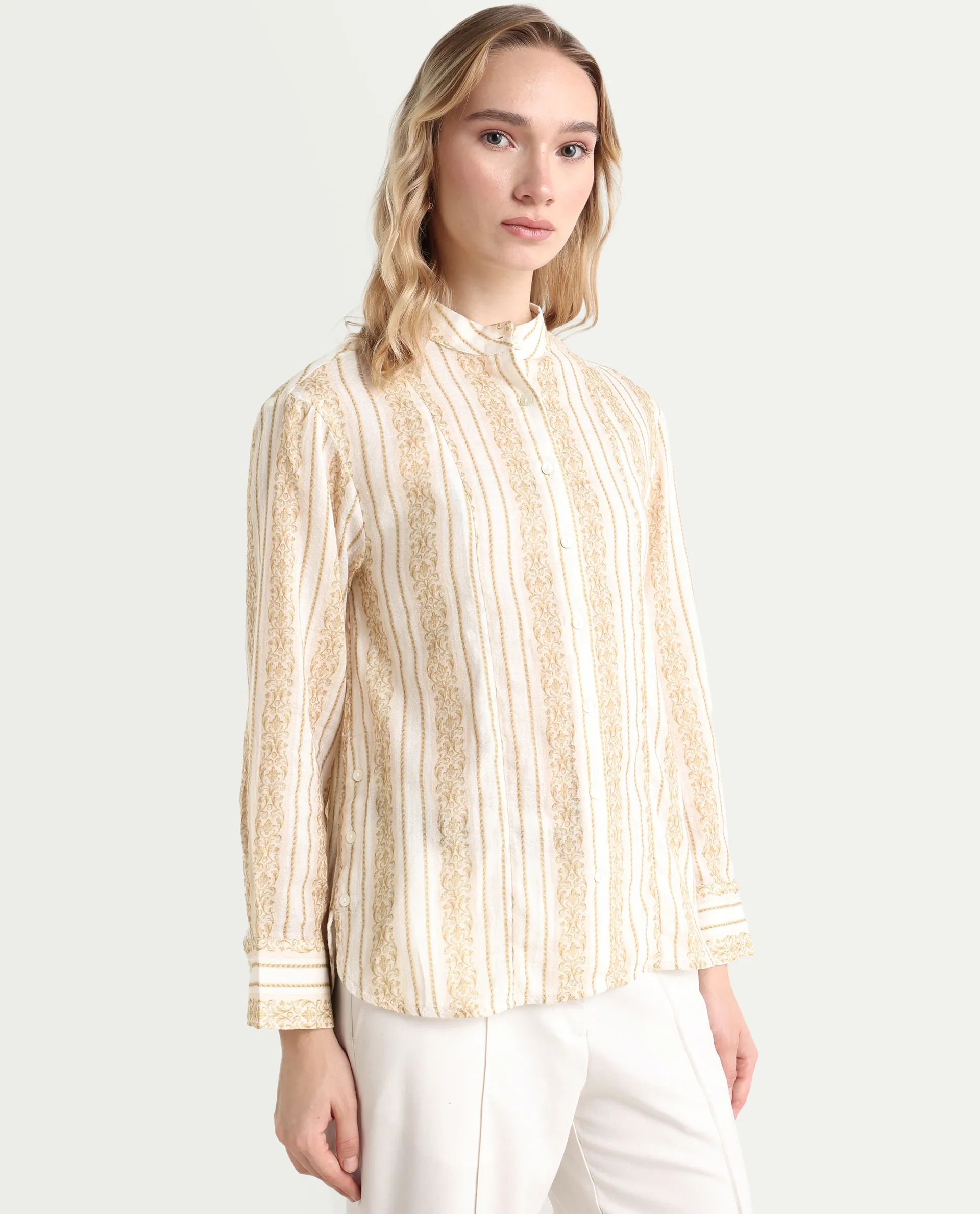 Rareism Women's Cuneo Beige Cotton Mandarin Collar Striped Cuffed Sleeve Regular Fit Shirt - Image 5
