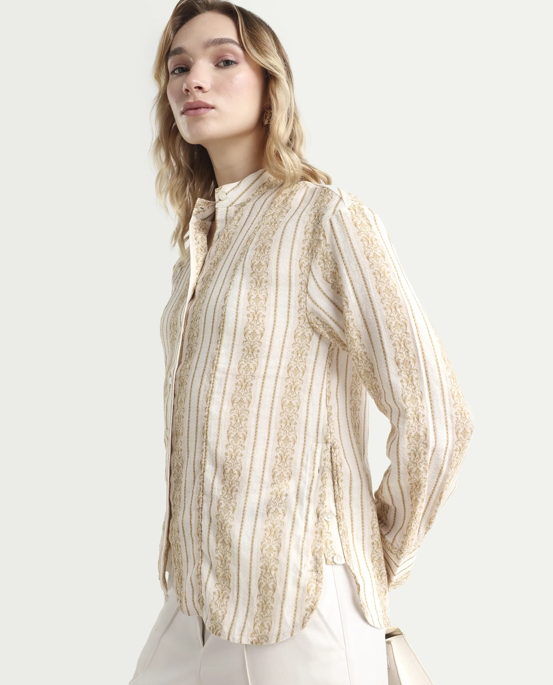 Rareism Women's Cuneo Beige Cotton Mandarin Collar Striped Cuffed Sleeve Regular Fit Shirt - Image 6