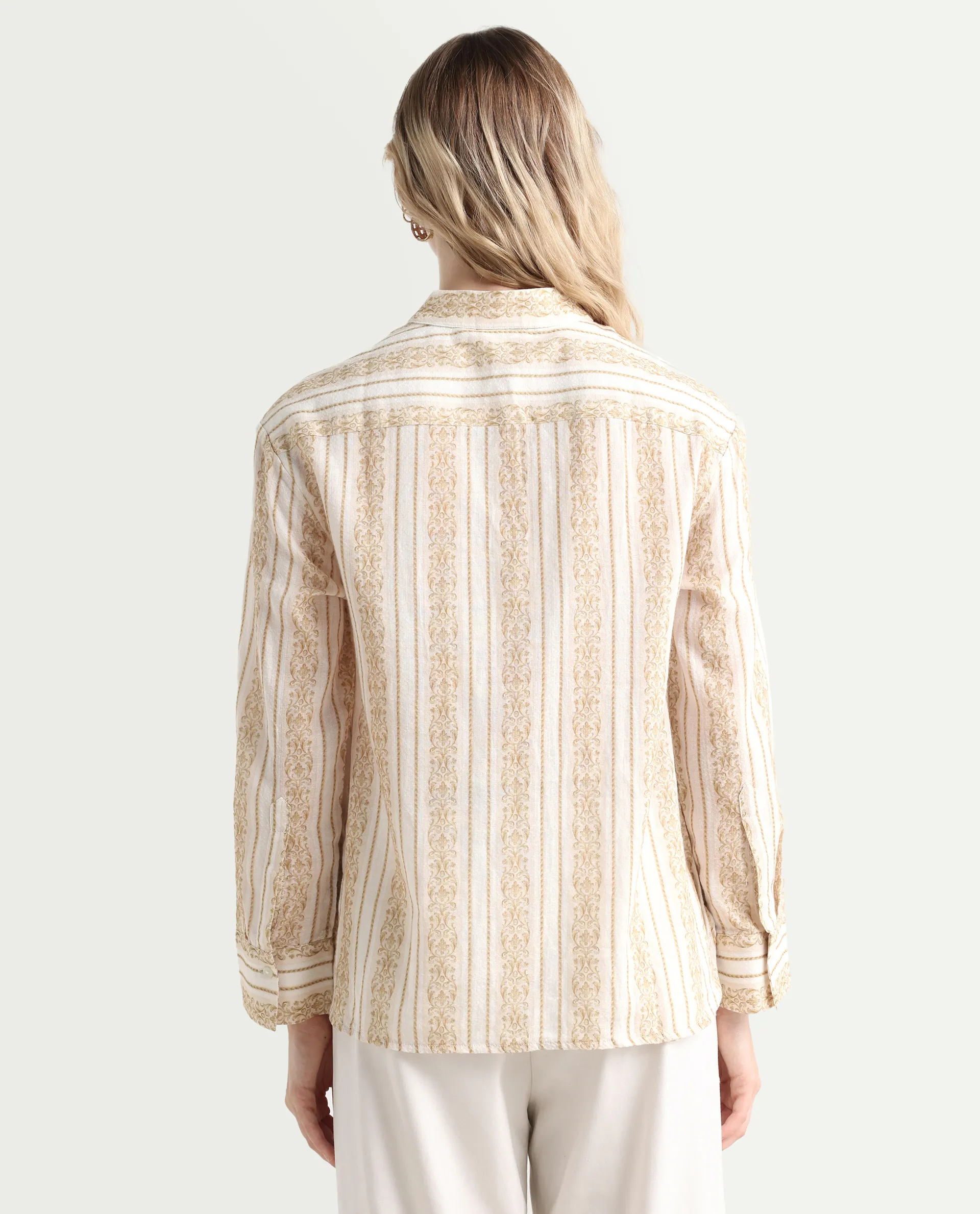 Rareism Women's Cuneo Beige Cotton Mandarin Collar Striped Cuffed Sleeve Regular Fit Shirt - Image 7
