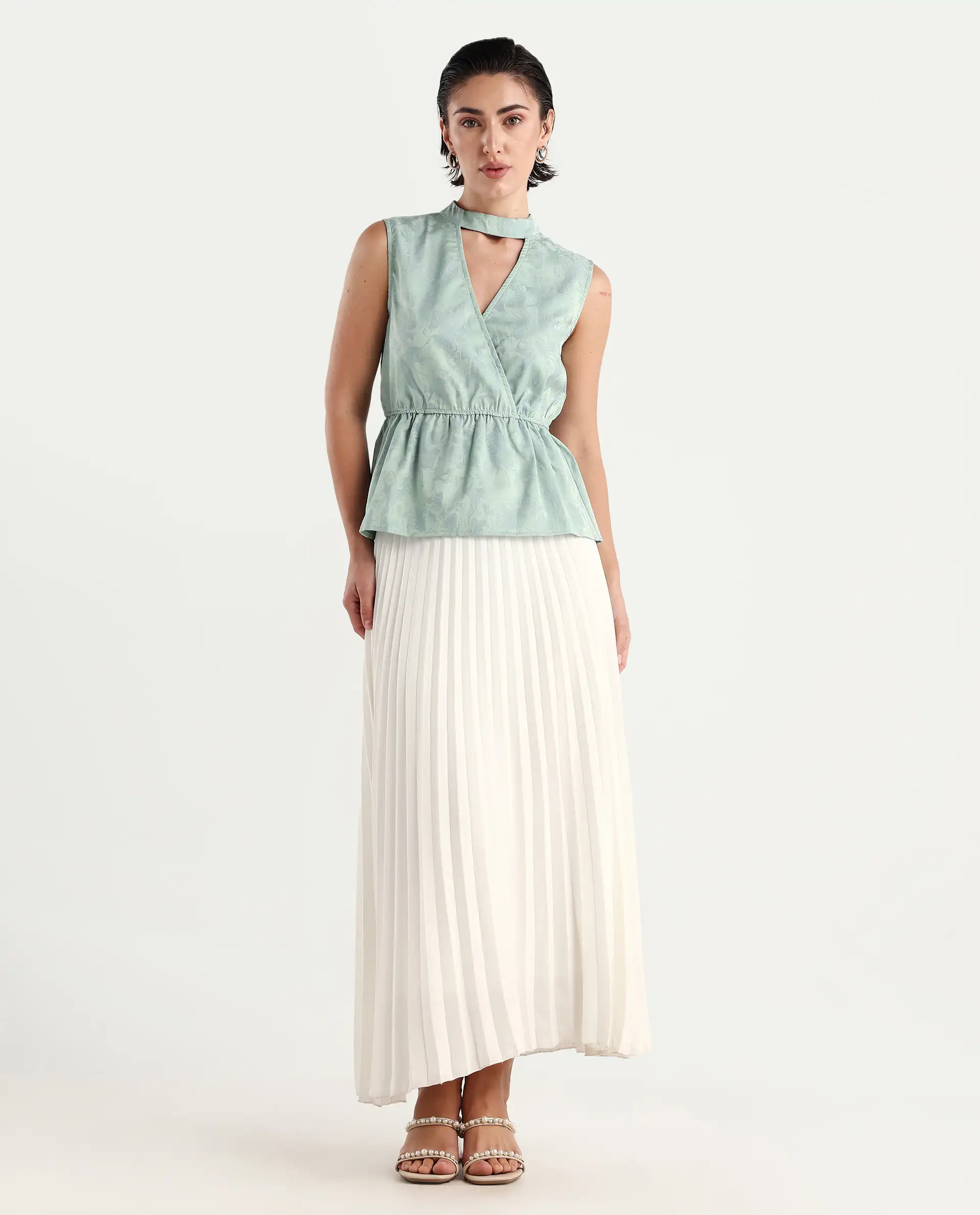 Rareism Women's Cupid Light Blue Polyester Cutaway Collar Plain Sleeveless Regular Fit Top - Image 2