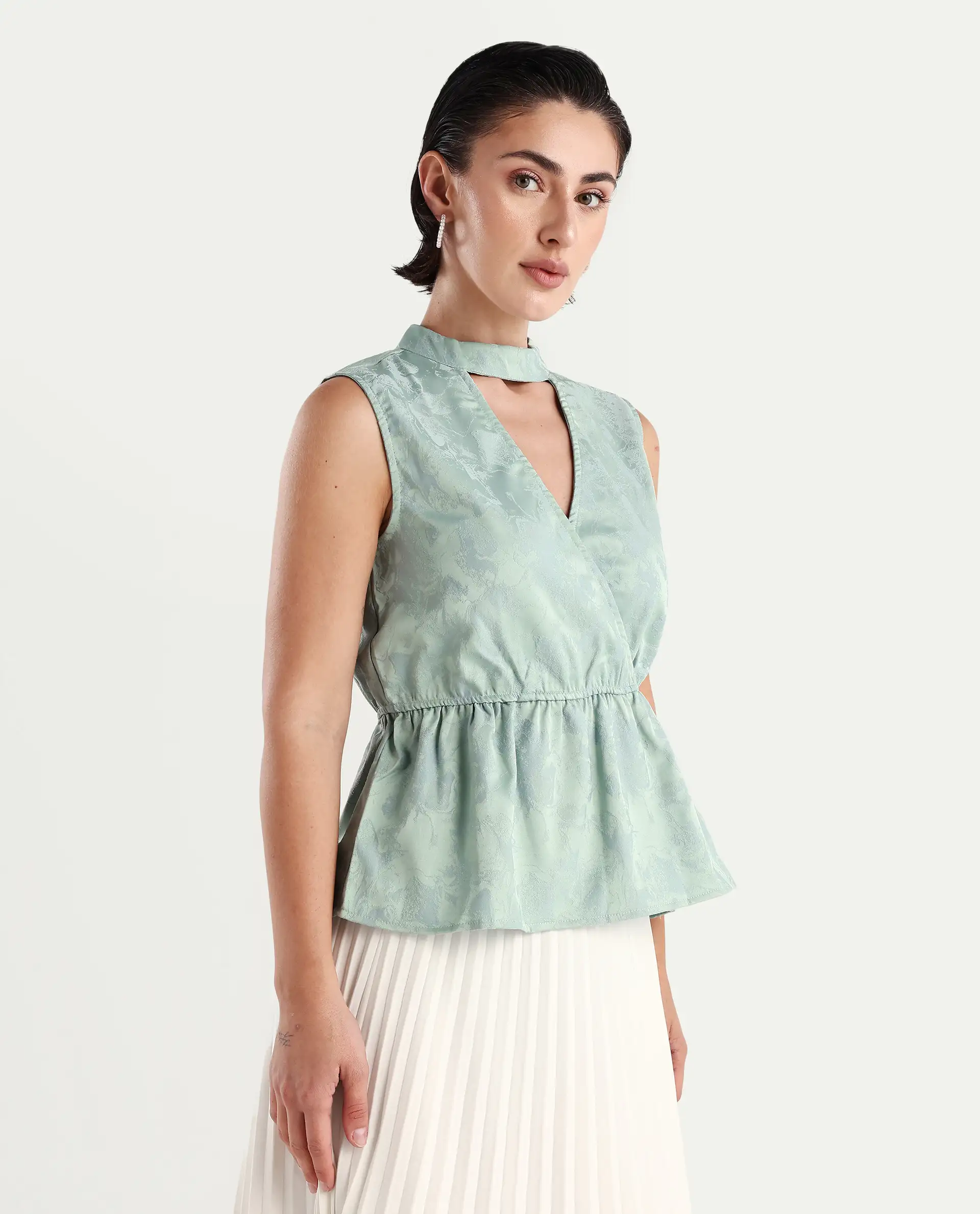 Rareism Women's Cupid Light Blue Polyester Cutaway Collar Plain Sleeveless Regular Fit Top - Image 4