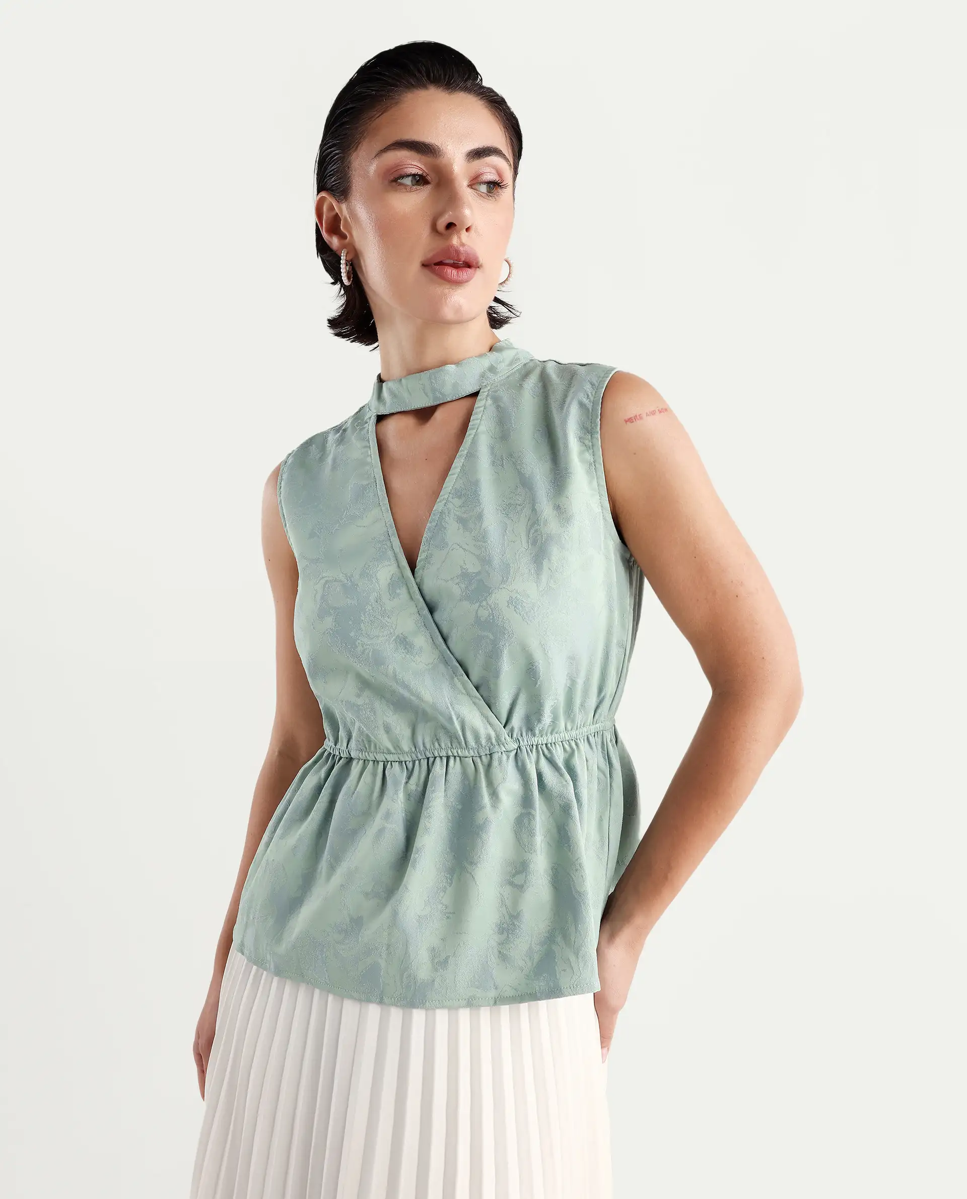 Rareism Women's Cupid Light Blue Polyester Cutaway Collar Plain Sleeveless Regular Fit Top - Image 5