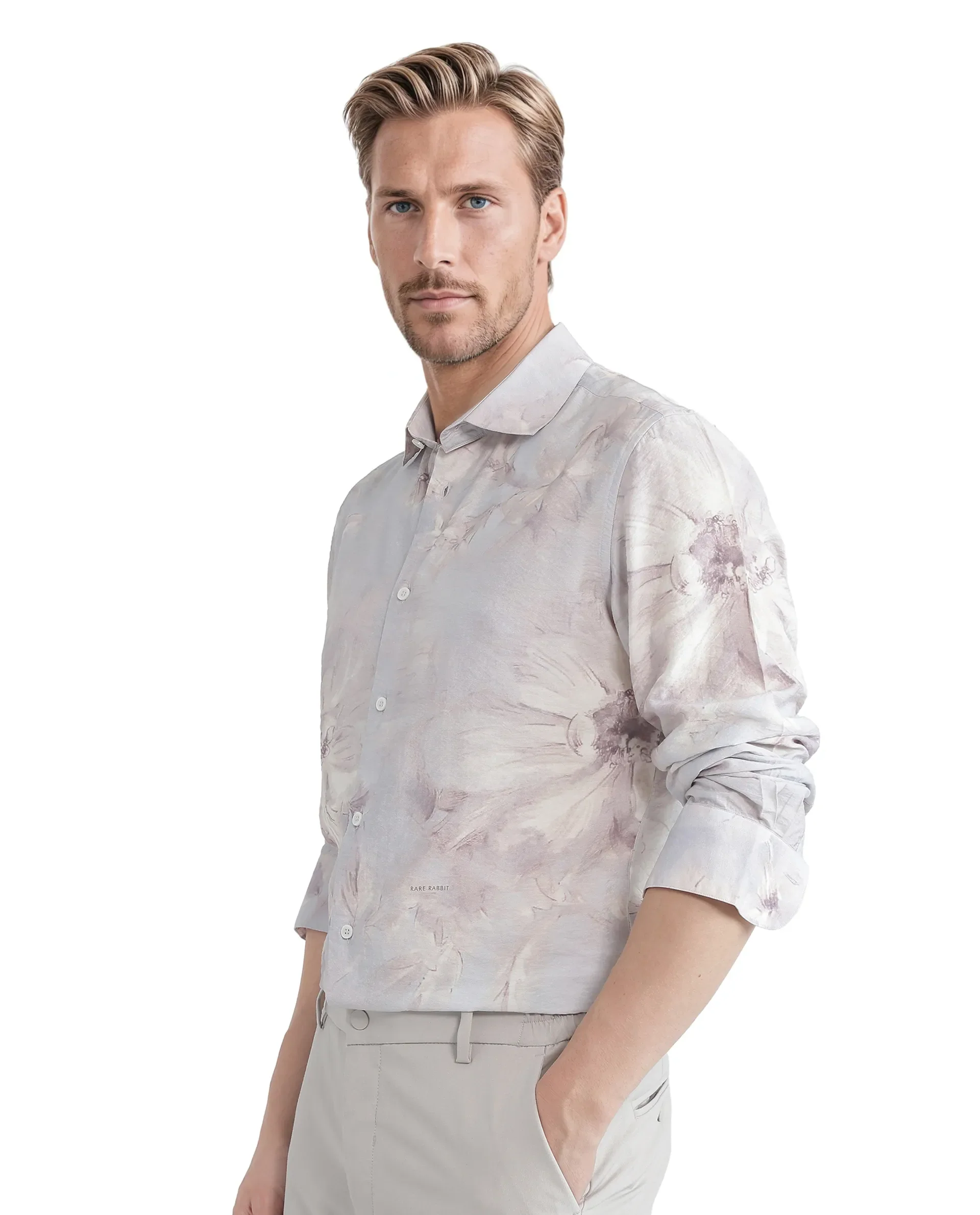 Rare Rabbit Men's Curas Pastel Blue Viscose Blend Floral Print Regular Fit Full Sleeve Collared Shirt - Image 5