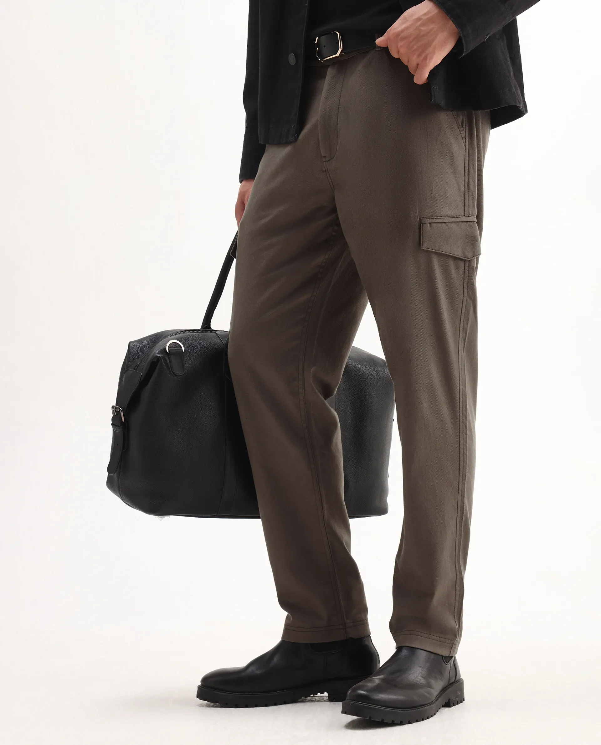 Rare Rabbit Men's Curex-1 Olive Cotton Blend Plain Regular Fit Trouser - Image 2