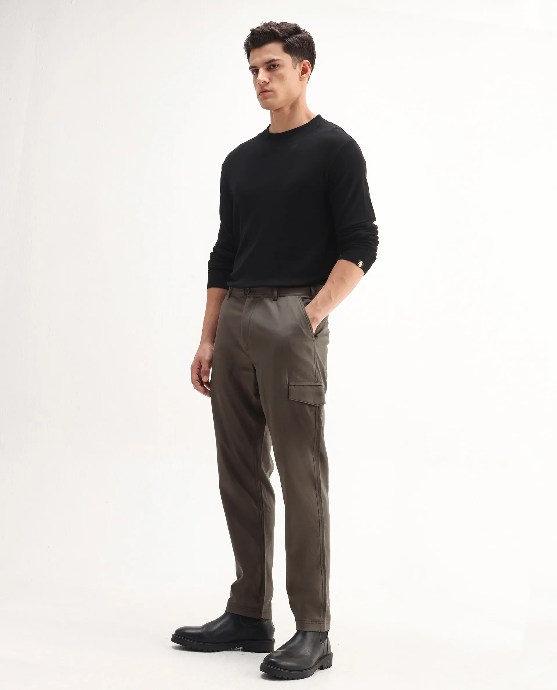 Rare Rabbit Men's Curex-1 Olive Cotton Blend Plain Regular Fit Trouser - Image 4