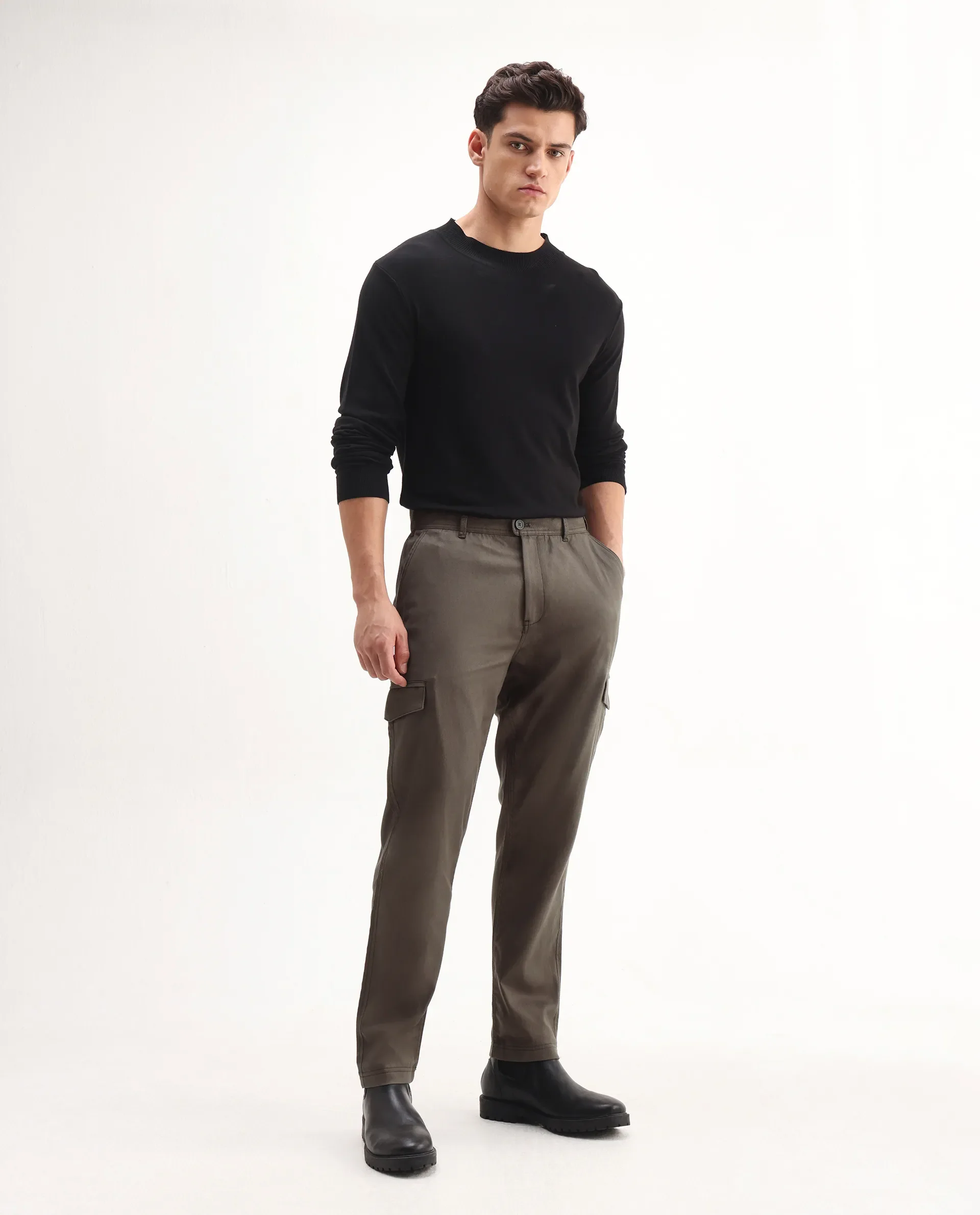 Rare Rabbit Men's Curex-1 Olive Cotton Blend Plain Regular Fit Trouser - Image 6