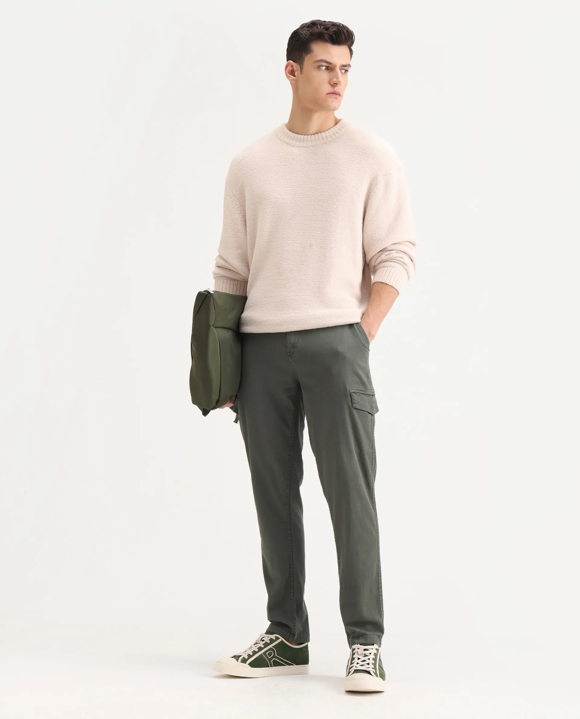 Rare Rabbit Men's Curex Dusky Olive Cotton Blend Plain Regular Fit Trouser
