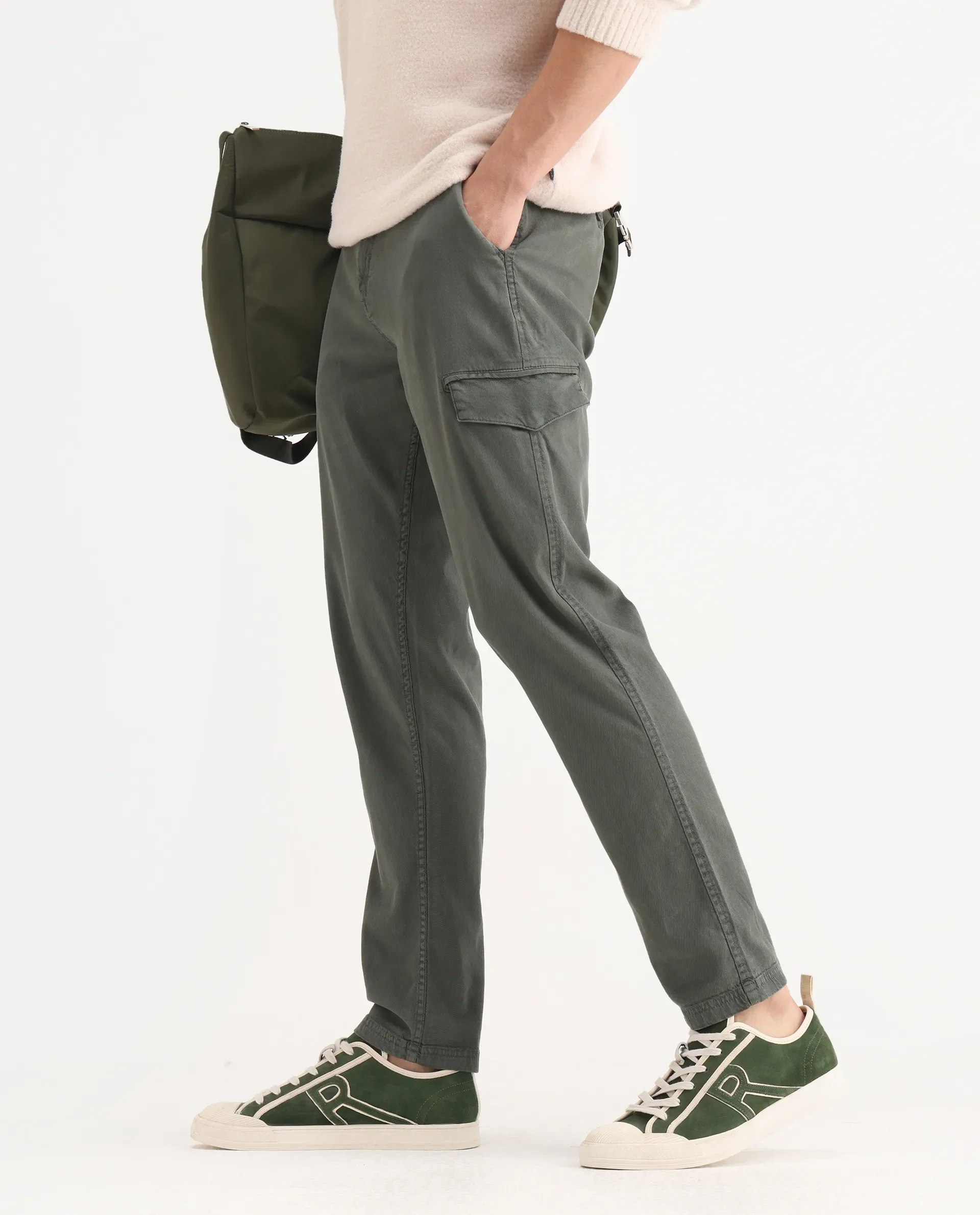 Rare Rabbit Men's Curex Dusky Olive Cotton Blend Plain Regular Fit Trouser - Image 2