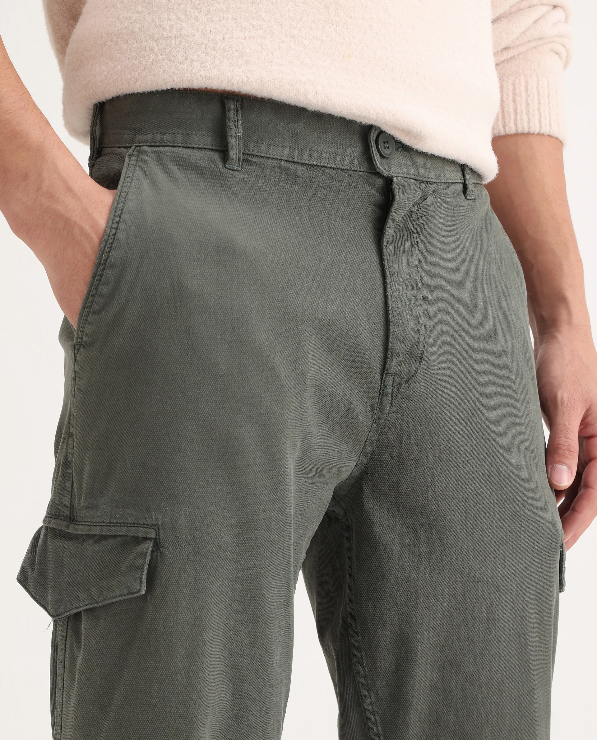 Rare Rabbit Men's Curex Dusky Olive Cotton Blend Plain Regular Fit Trouser - Image 3