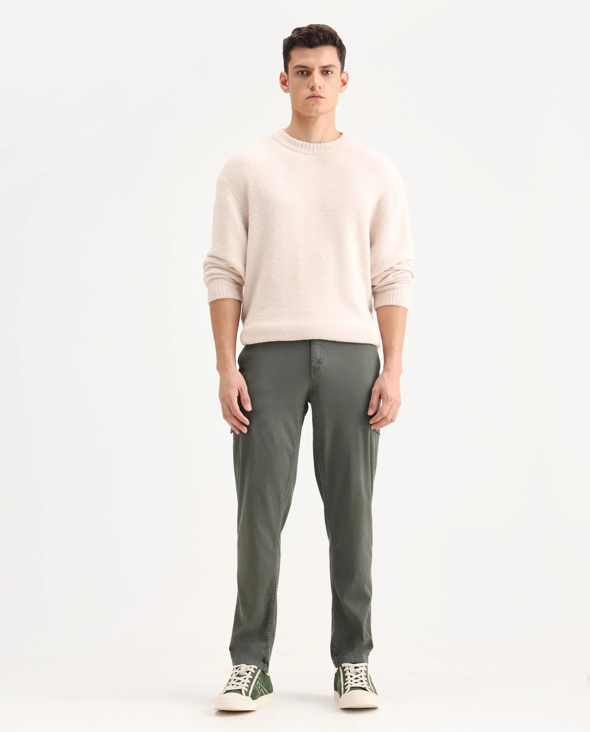 Rare Rabbit Men's Curex Dusky Olive Cotton Blend Plain Regular Fit Trouser - Image 4