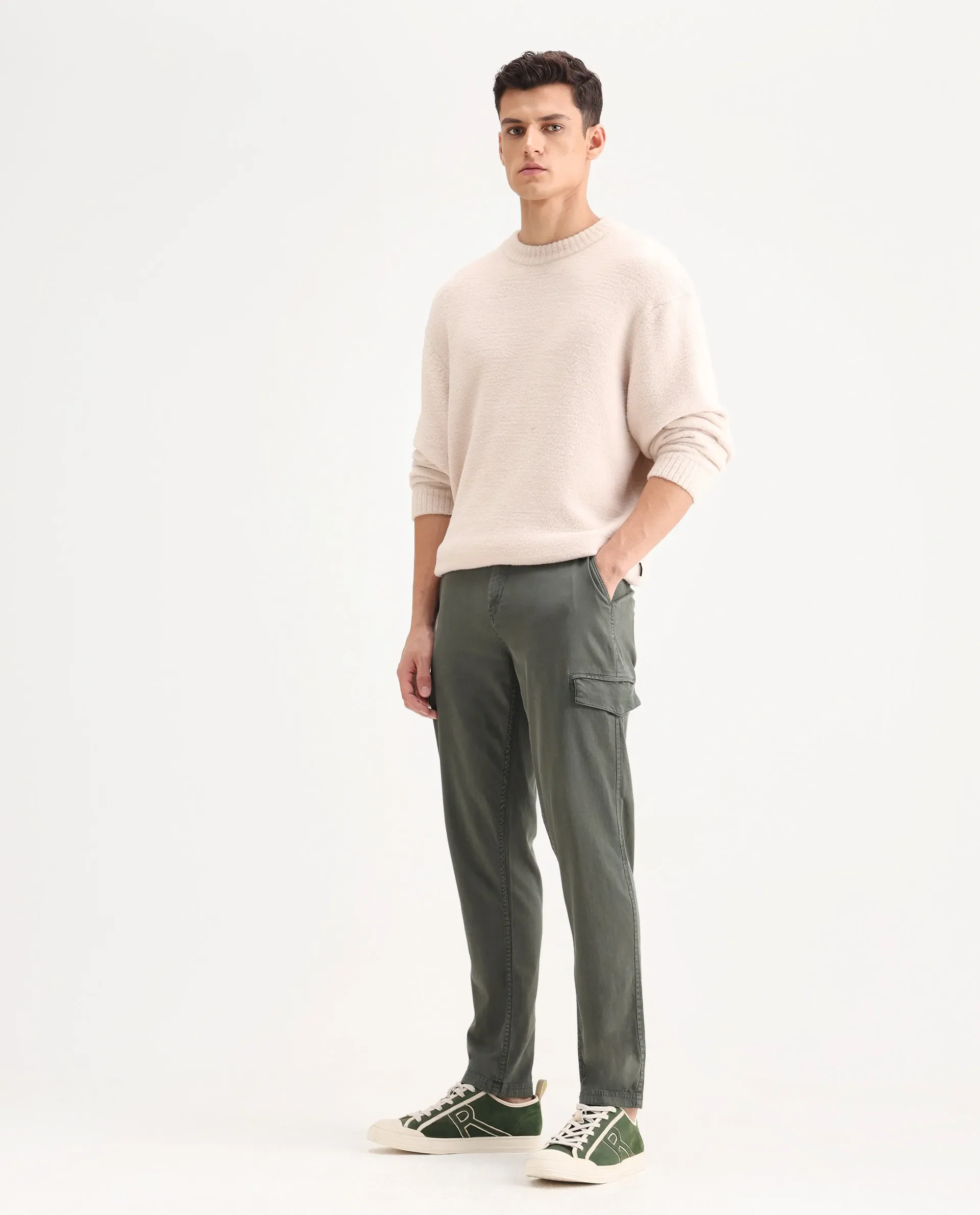 Rare Rabbit Men's Curex Dusky Olive Cotton Blend Plain Regular Fit Trouser - Image 5