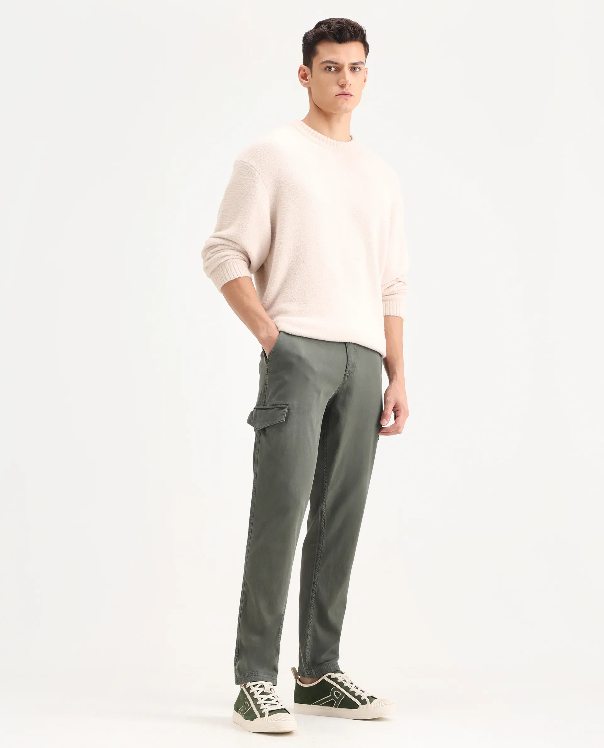 Rare Rabbit Men's Curex Dusky Olive Cotton Blend Plain Regular Fit Trouser - Image 7