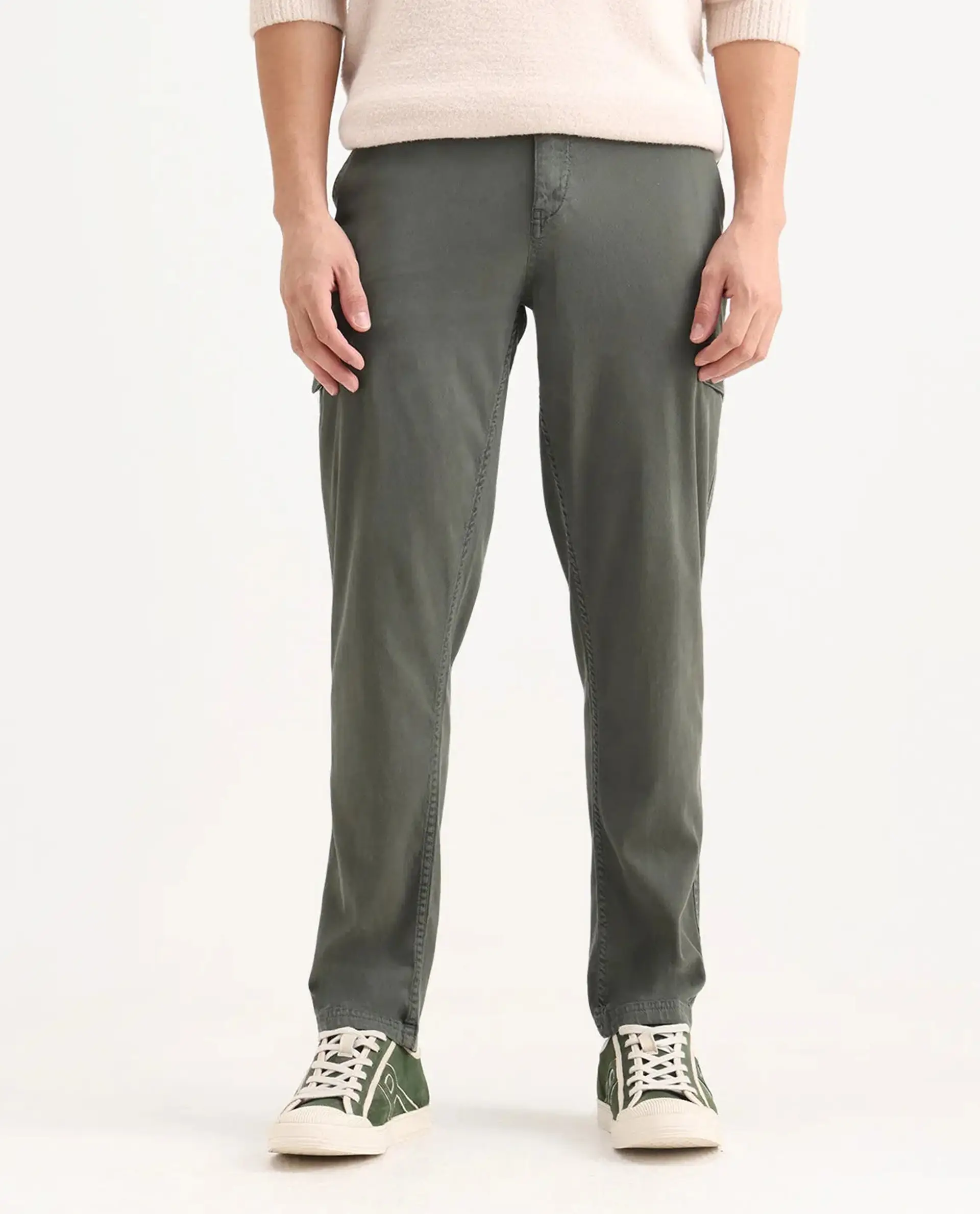 Rare Rabbit Men's Curex Dusky Olive Cotton Blend Plain Regular Fit Trouser - Image 9