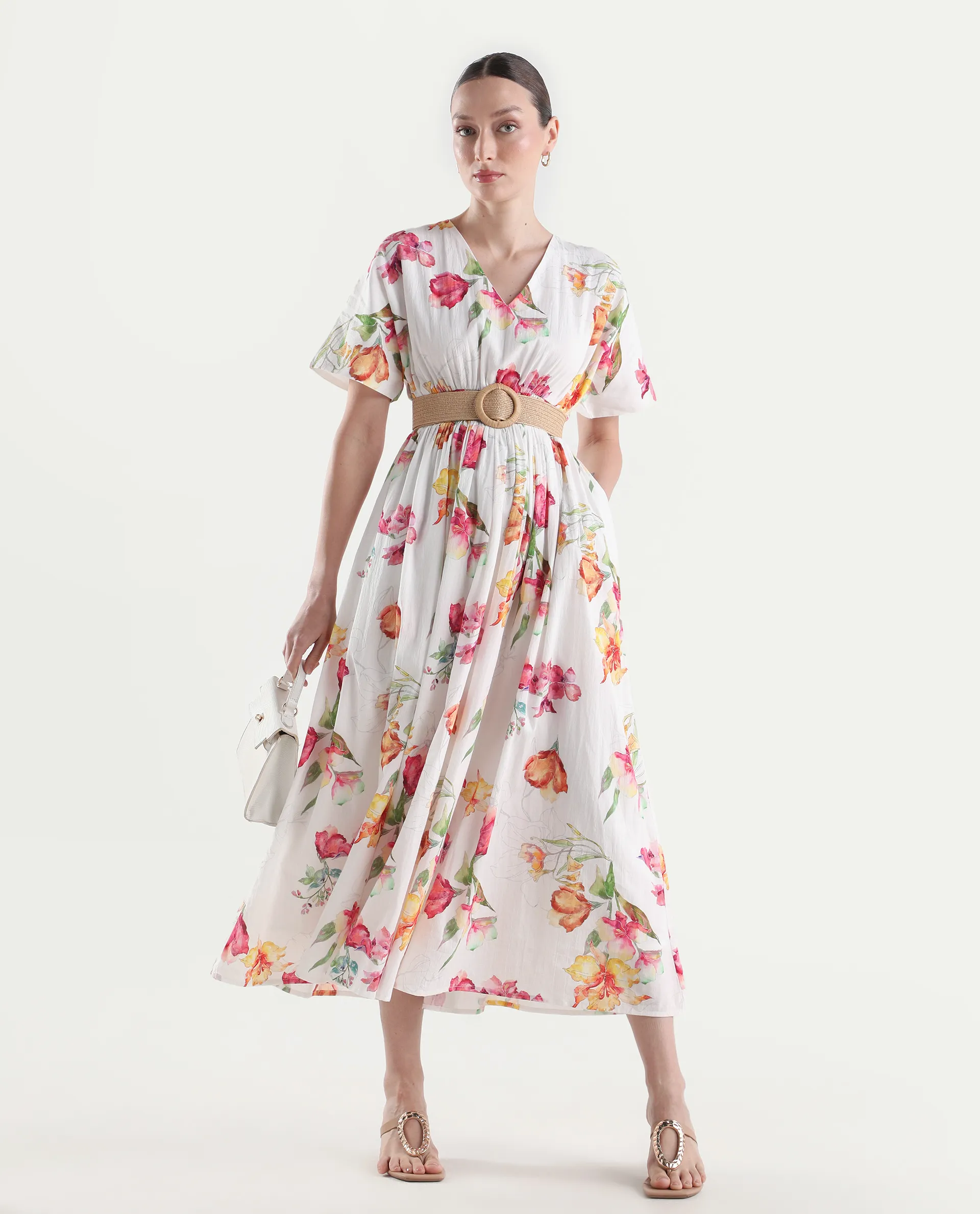Rareism Women's Curie White Cotton Half Sleeve Fit And Flare Floral Print Dress - Image 2
