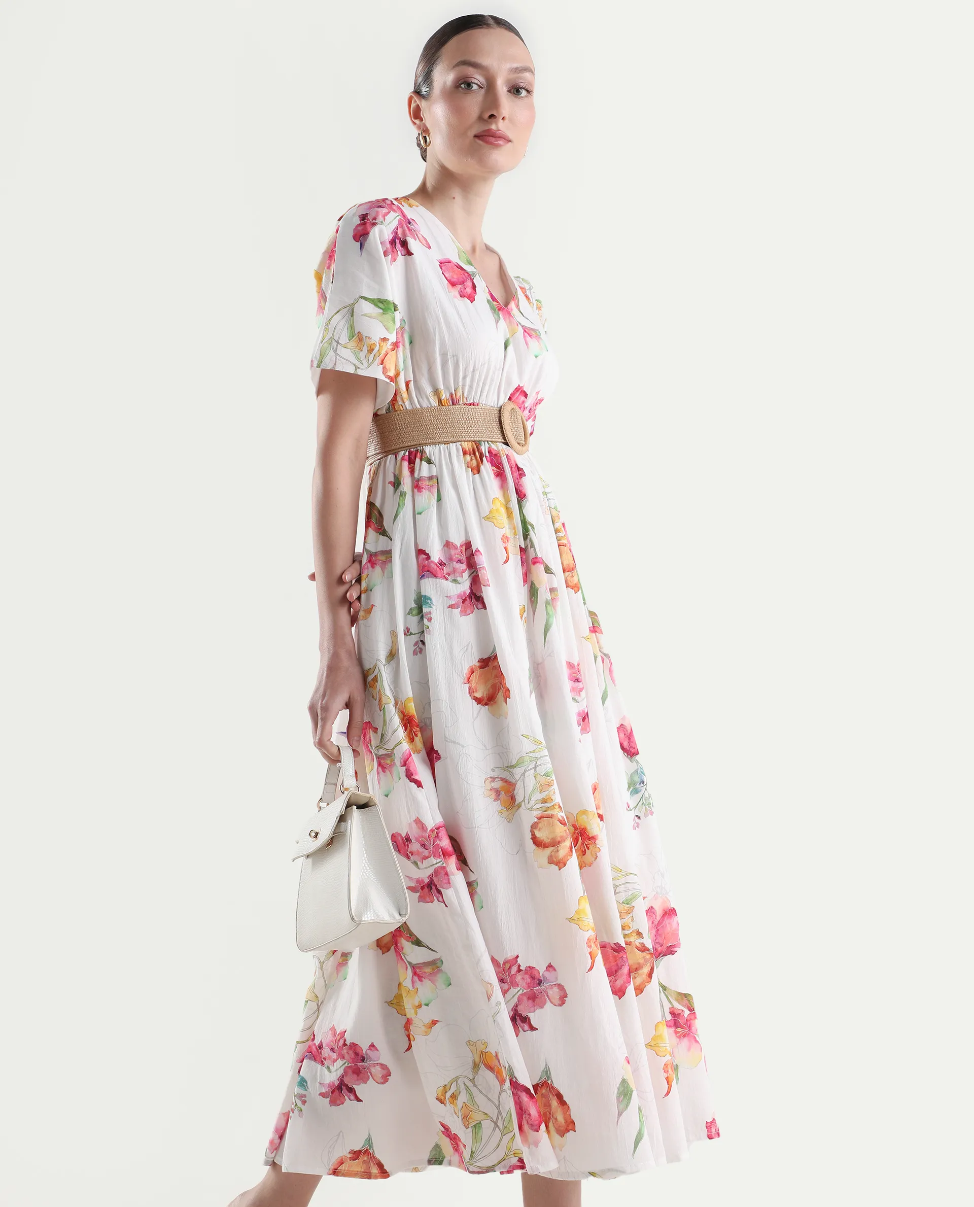 Rareism Women's Curie White Cotton Half Sleeve Fit And Flare Floral Print Dress - Image 3