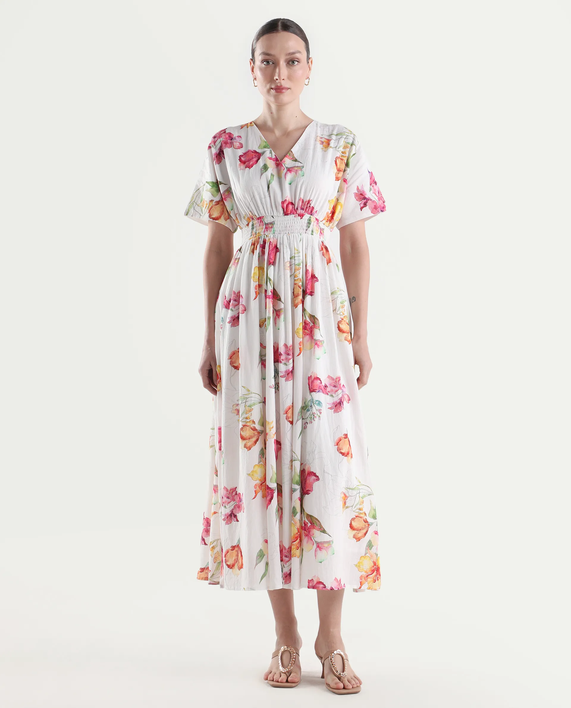 Rareism Women's Curie White Cotton Half Sleeve Fit And Flare Floral Print Dress - Image 4