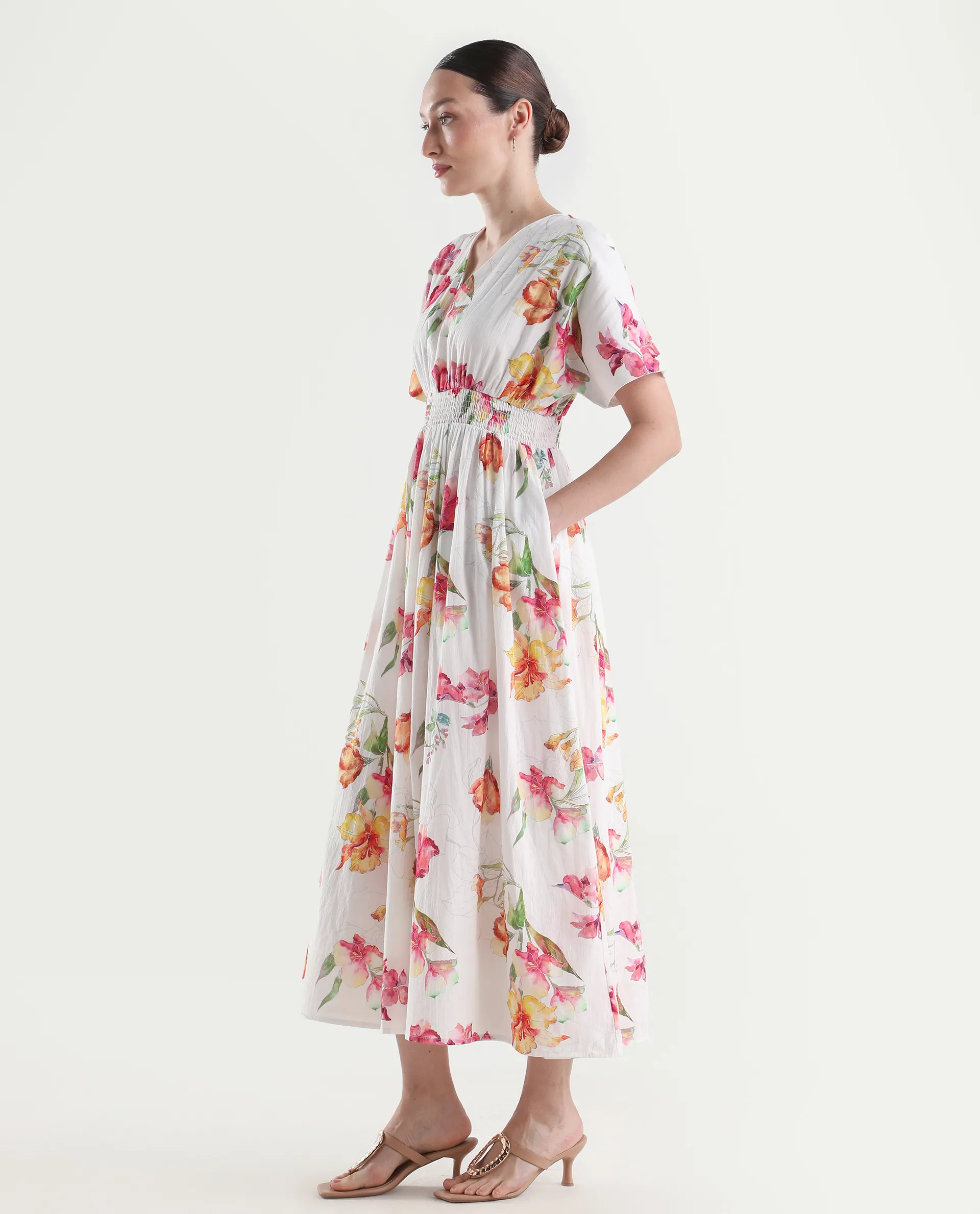 Rareism Women's Curie White Cotton Half Sleeve Fit And Flare Floral Print Dress - Image 5