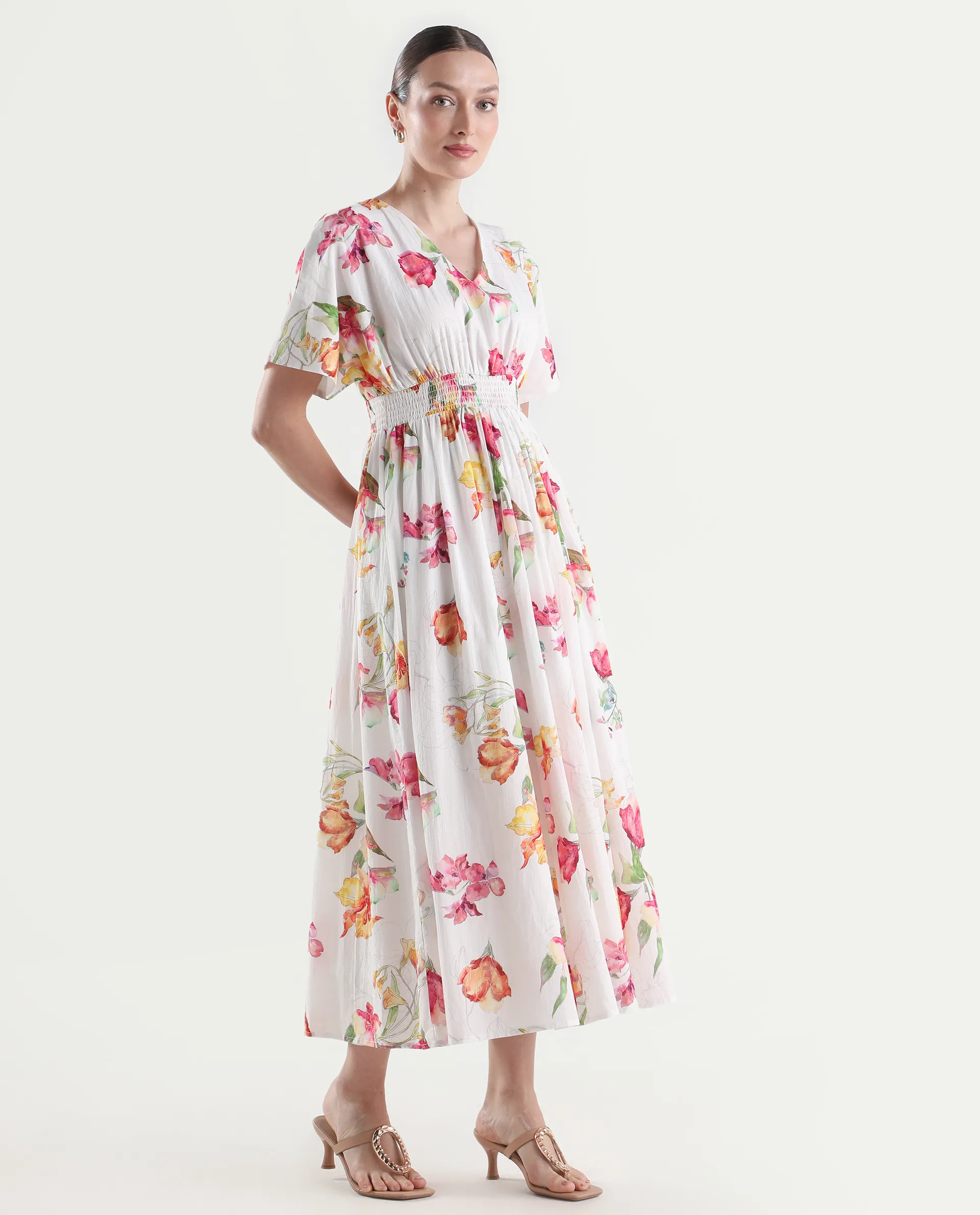 Rareism Women's Curie White Cotton Half Sleeve Fit And Flare Floral Print Dress - Image 6