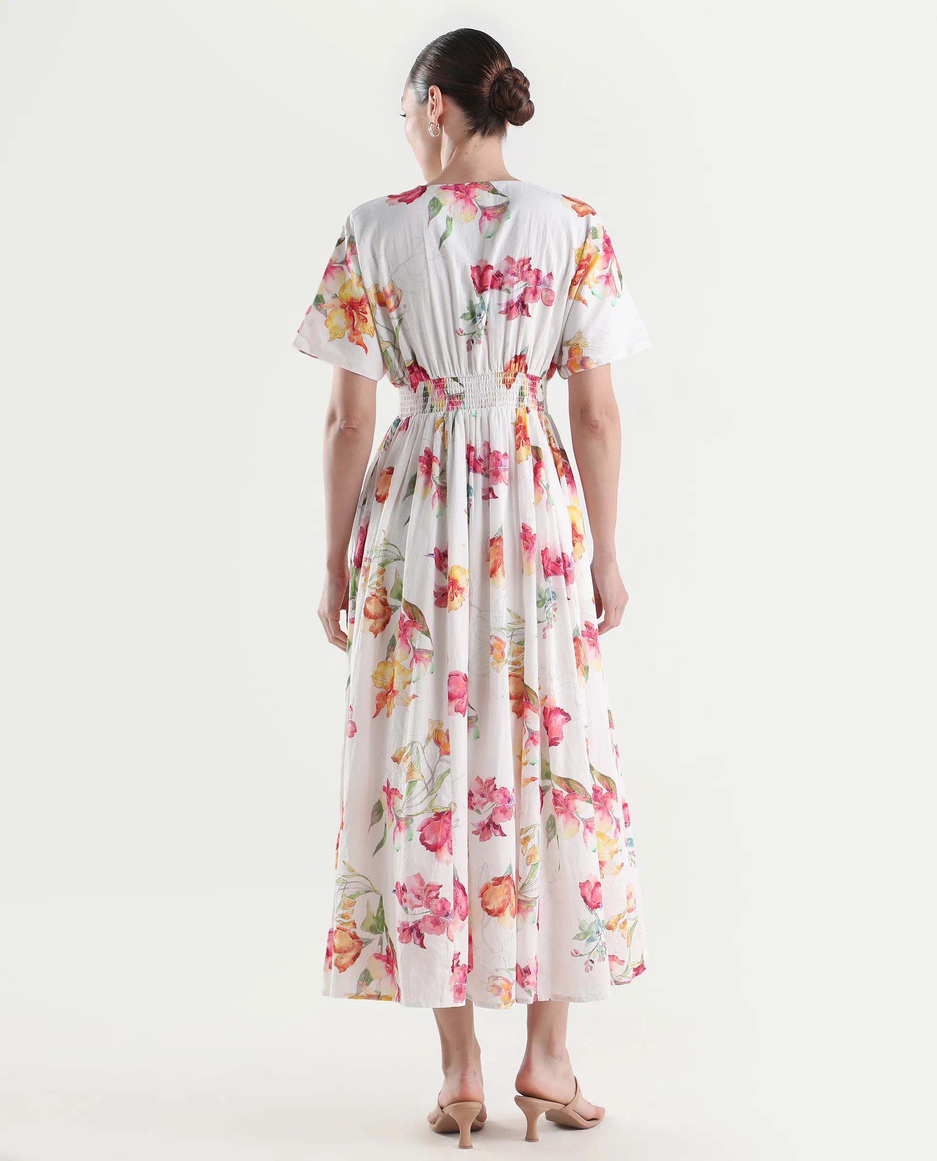 Rareism Women's Curie White Cotton Half Sleeve Fit And Flare Floral Print Dress - Image 7