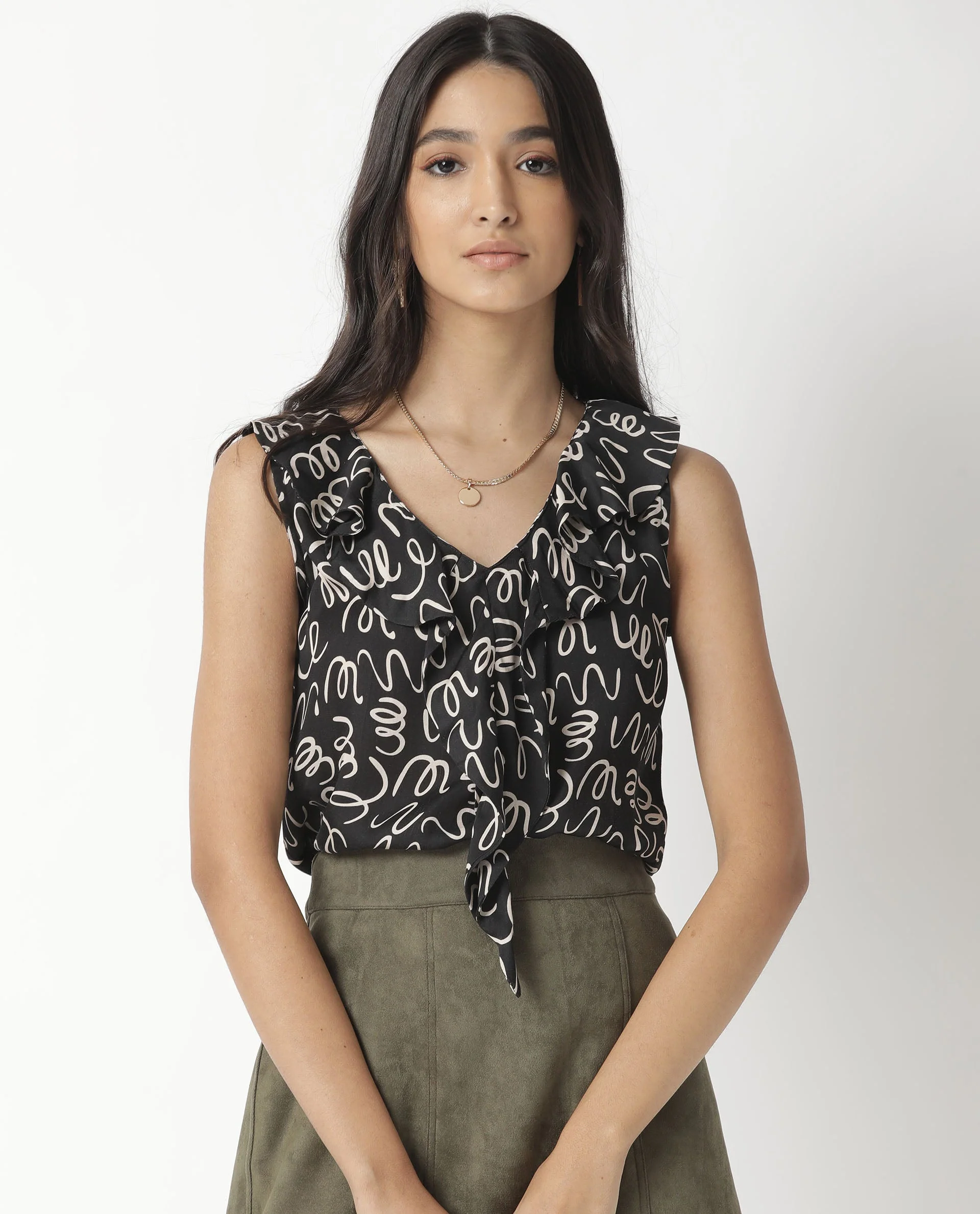Rareism Women's Curls Black Modal Blend V-Neck Abstract Print Sleeveless Tailored Top