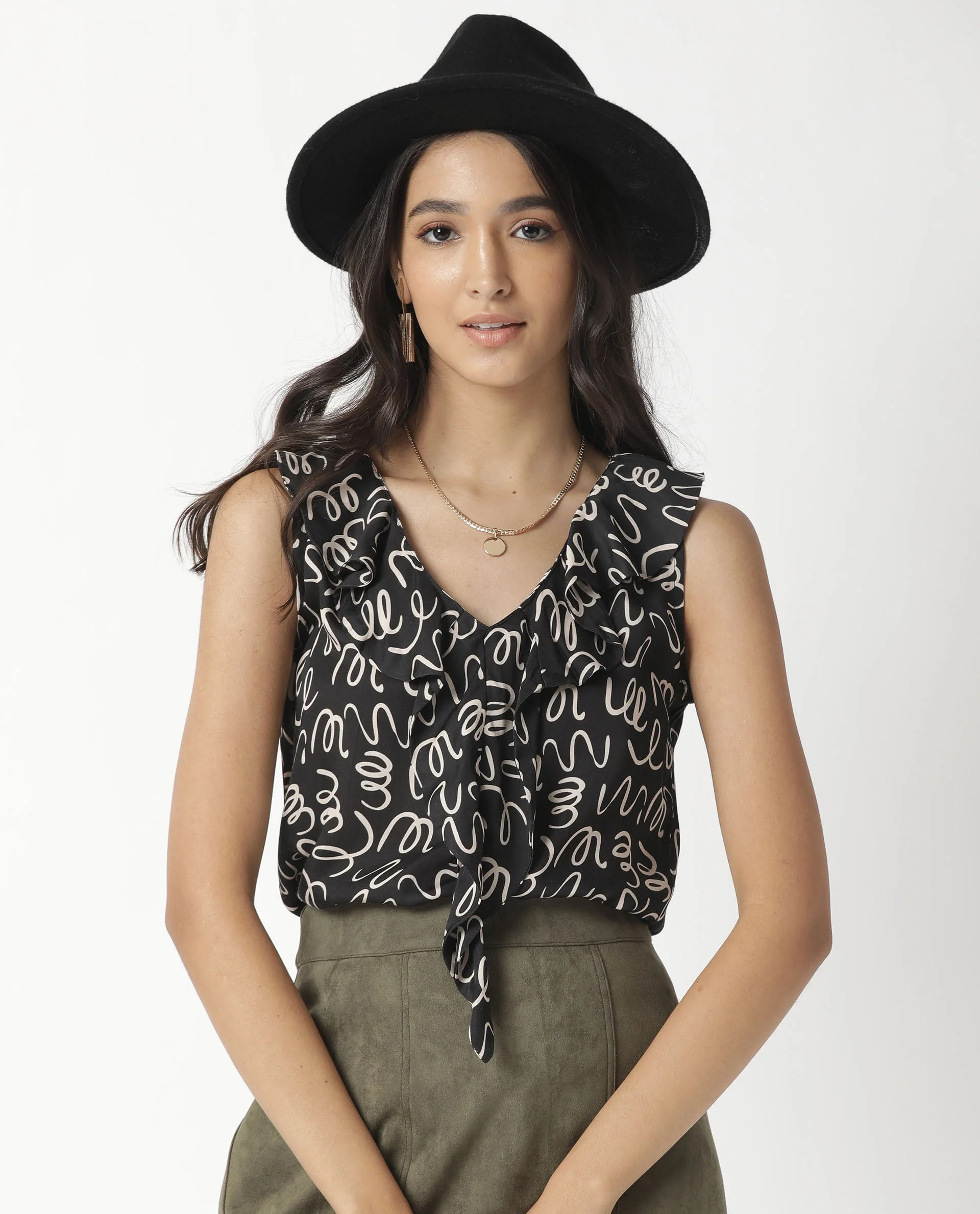 Rareism Women's Curls Black Modal Blend V-Neck Abstract Print Sleeveless Tailored Top - Image 10