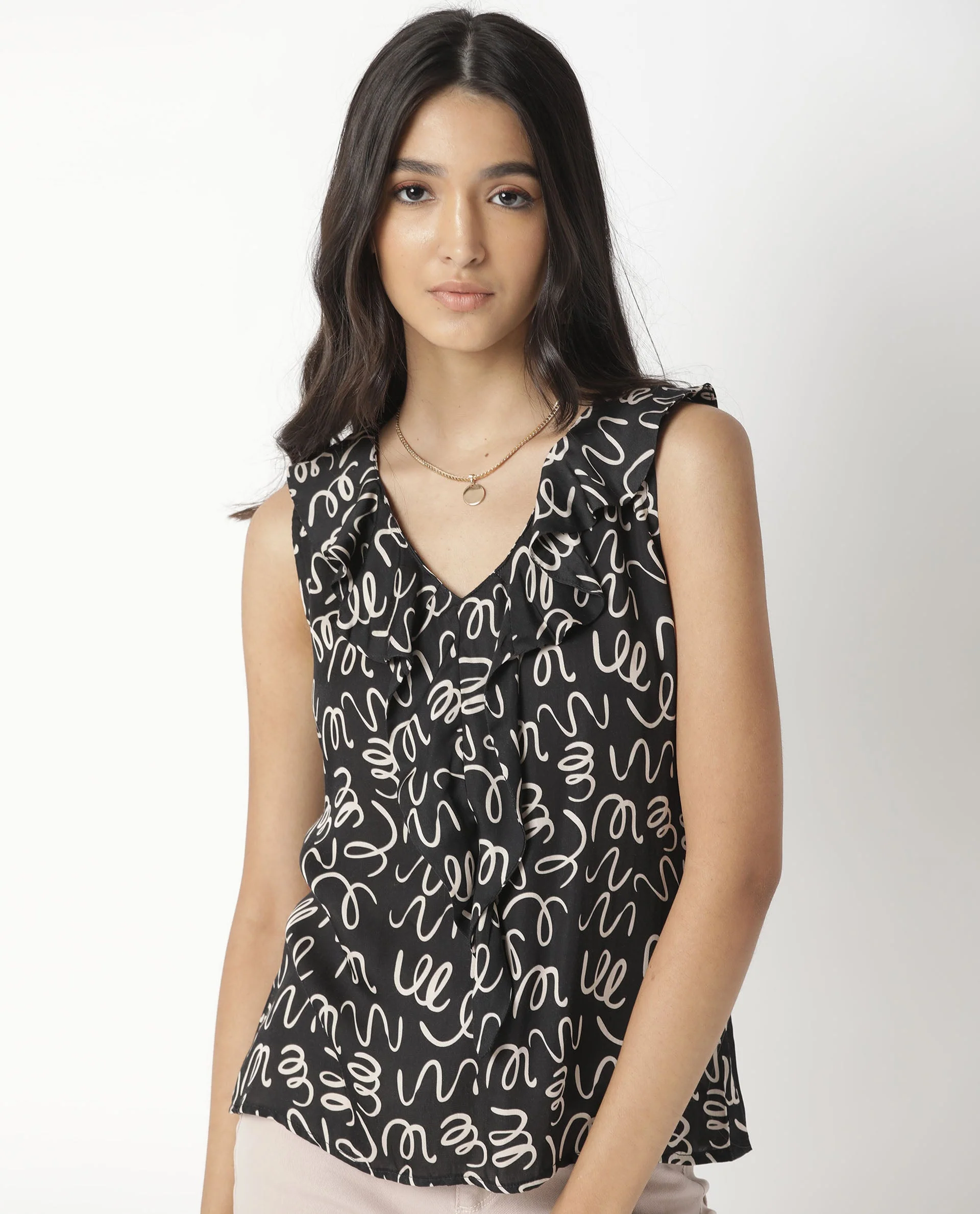 Rareism Women's Curls Black Modal Blend V-Neck Abstract Print Sleeveless Tailored Top - Image 12