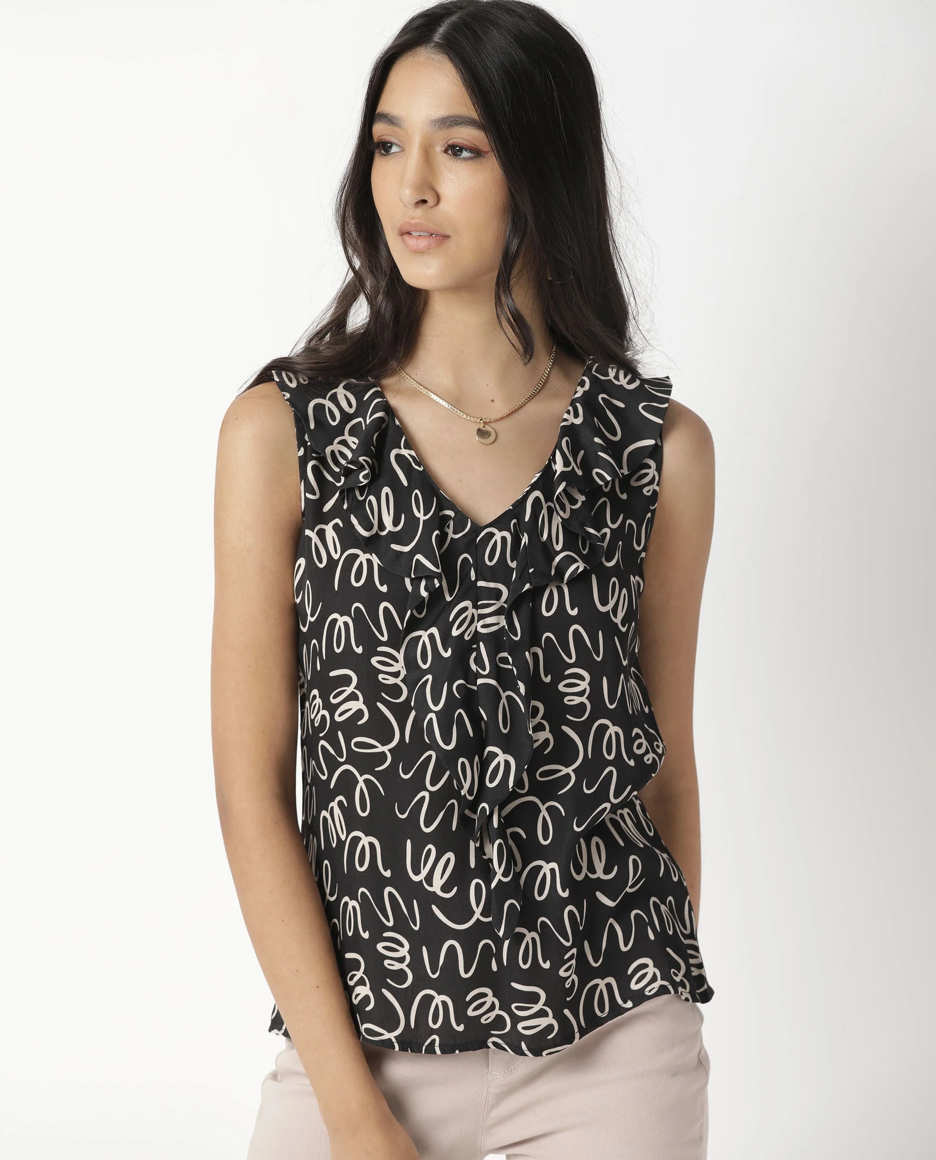 Rareism Women's Curls Black Modal Blend V-Neck Abstract Print Sleeveless Tailored Top - Image 13