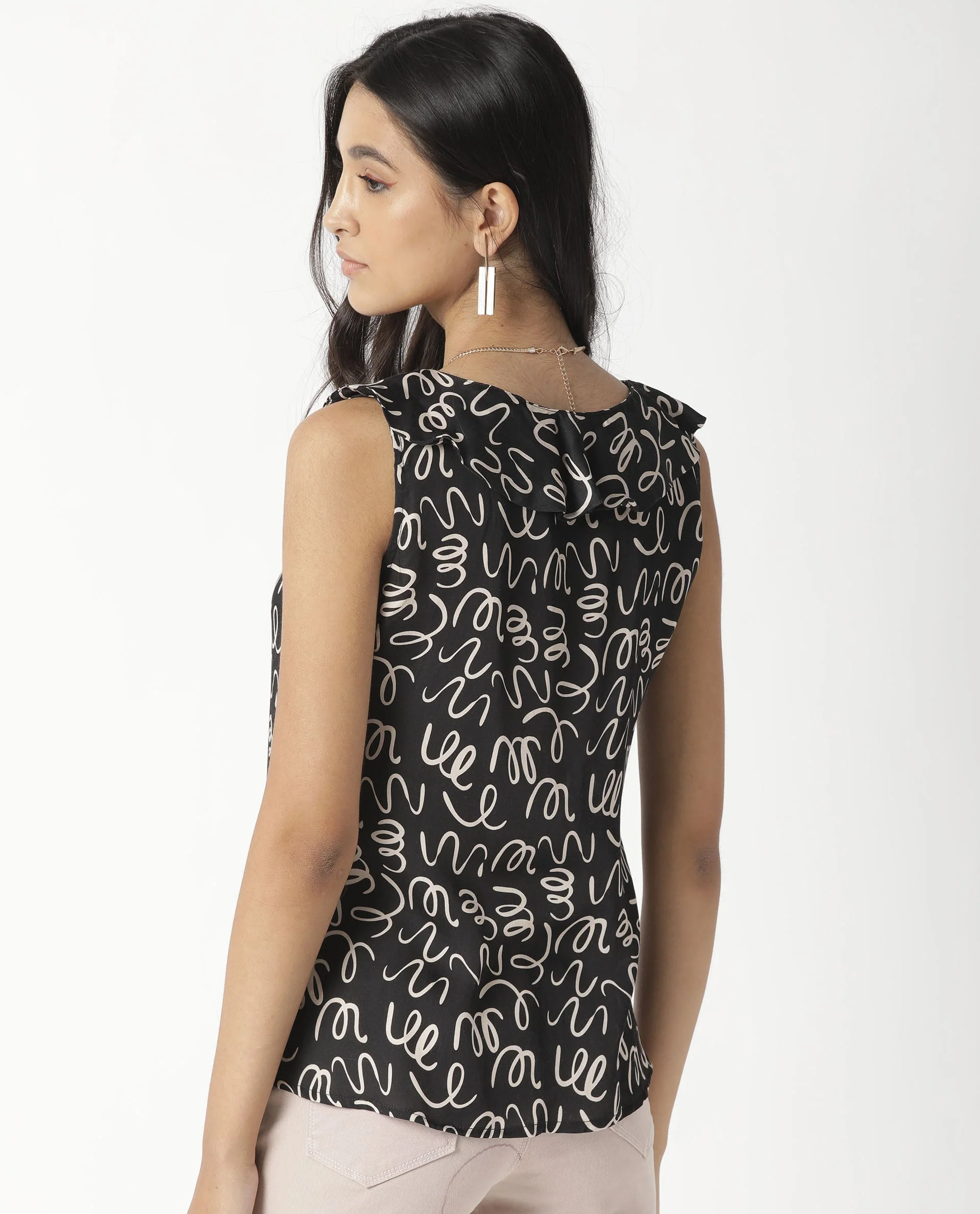 Rareism Women's Curls Black Modal Blend V-Neck Abstract Print Sleeveless Tailored Top - Image 14