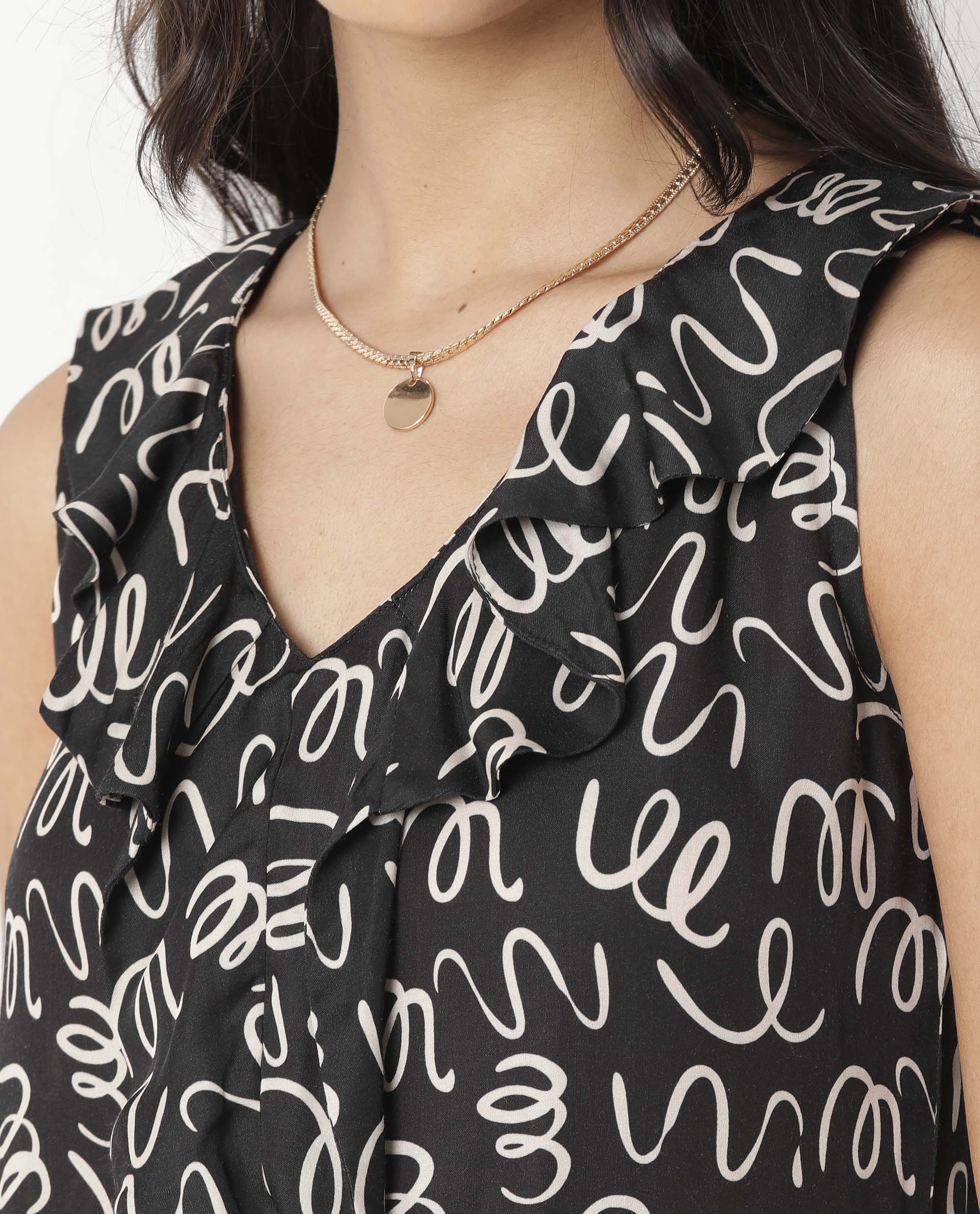 Rareism Women's Curls Black Modal Blend V-Neck Abstract Print Sleeveless Tailored Top - Image 4