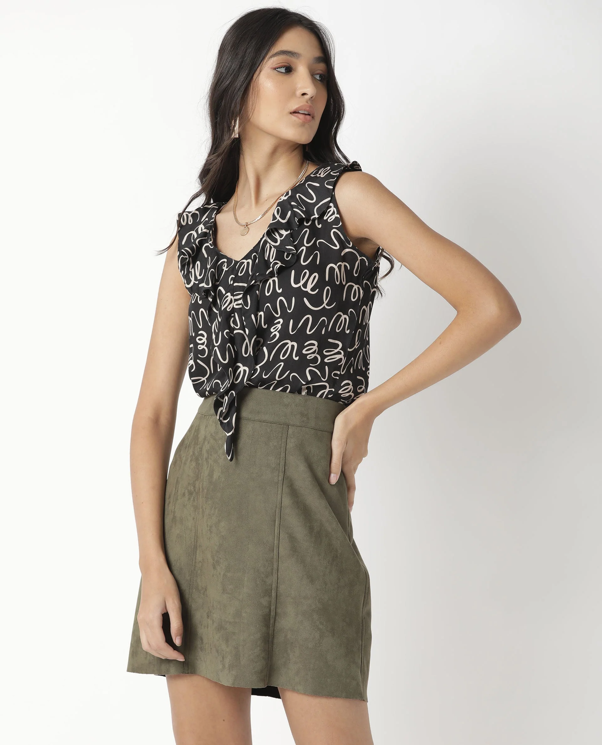 Rareism Women's Curls Black Modal Blend V-Neck Abstract Print Sleeveless Tailored Top - Image 7