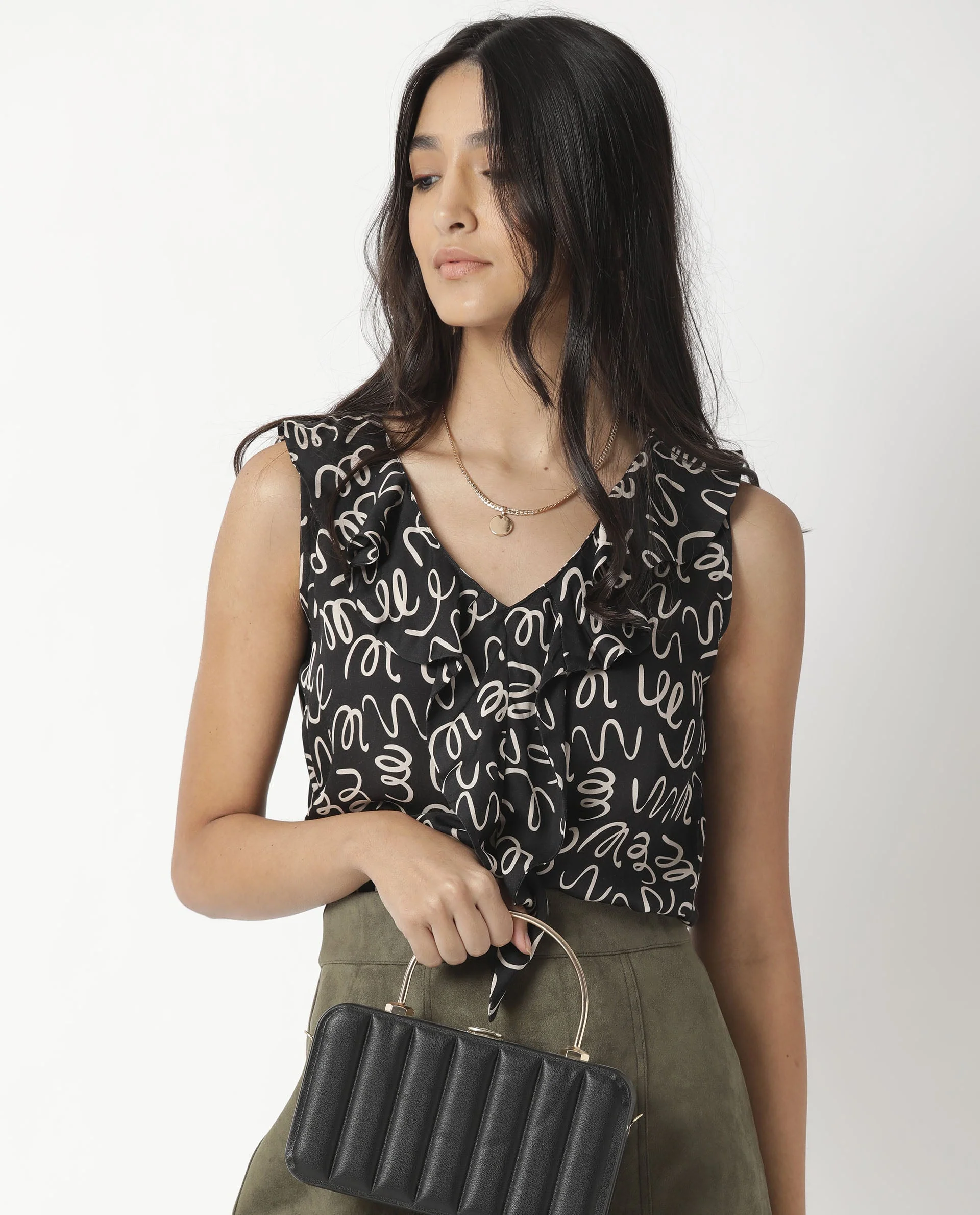 Rareism Women's Curls Black Modal Blend V-Neck Abstract Print Sleeveless Tailored Top - Image 9