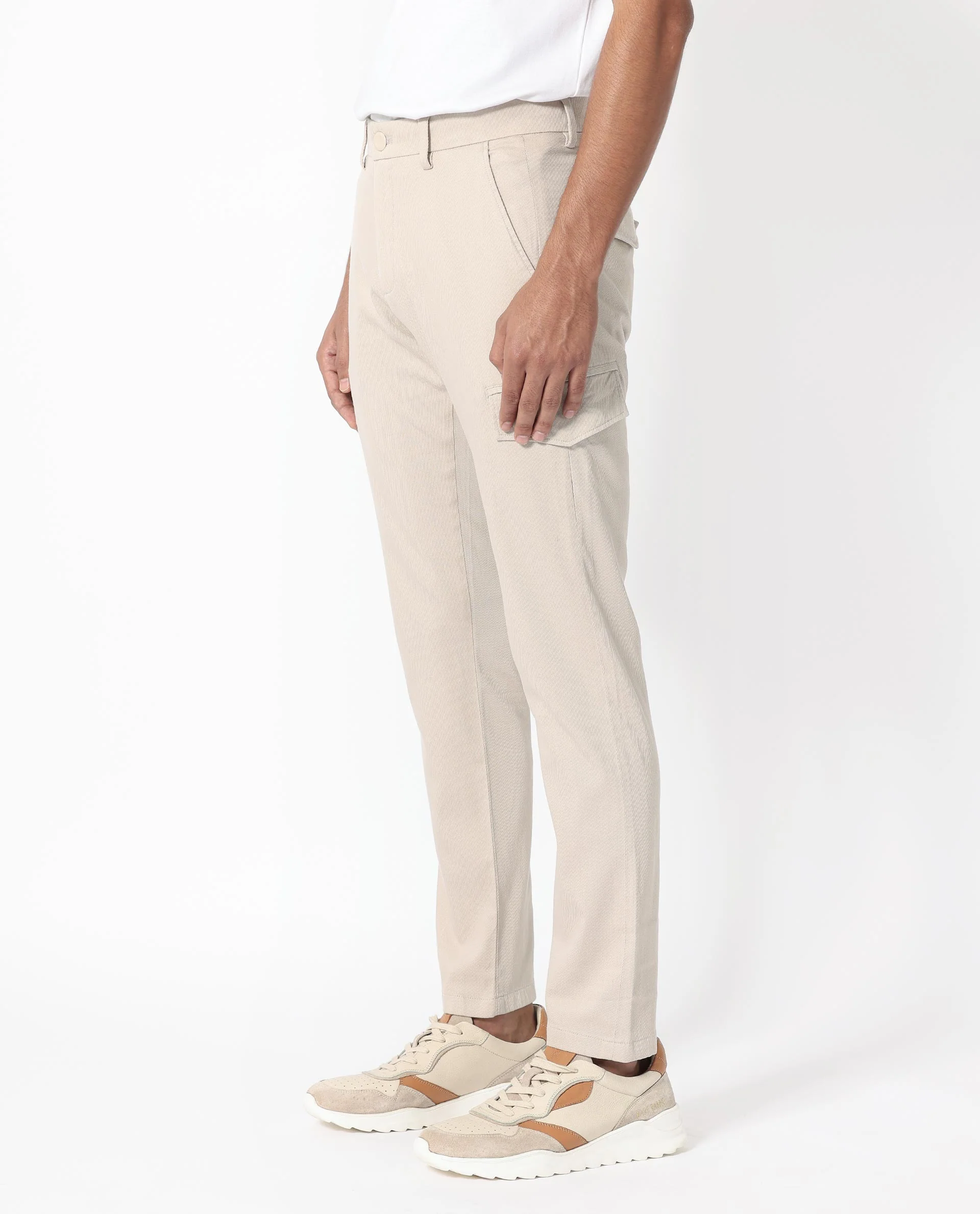 Rare Rabbit Men's Curo Beige Cotton Plain Regular Fit Trouser