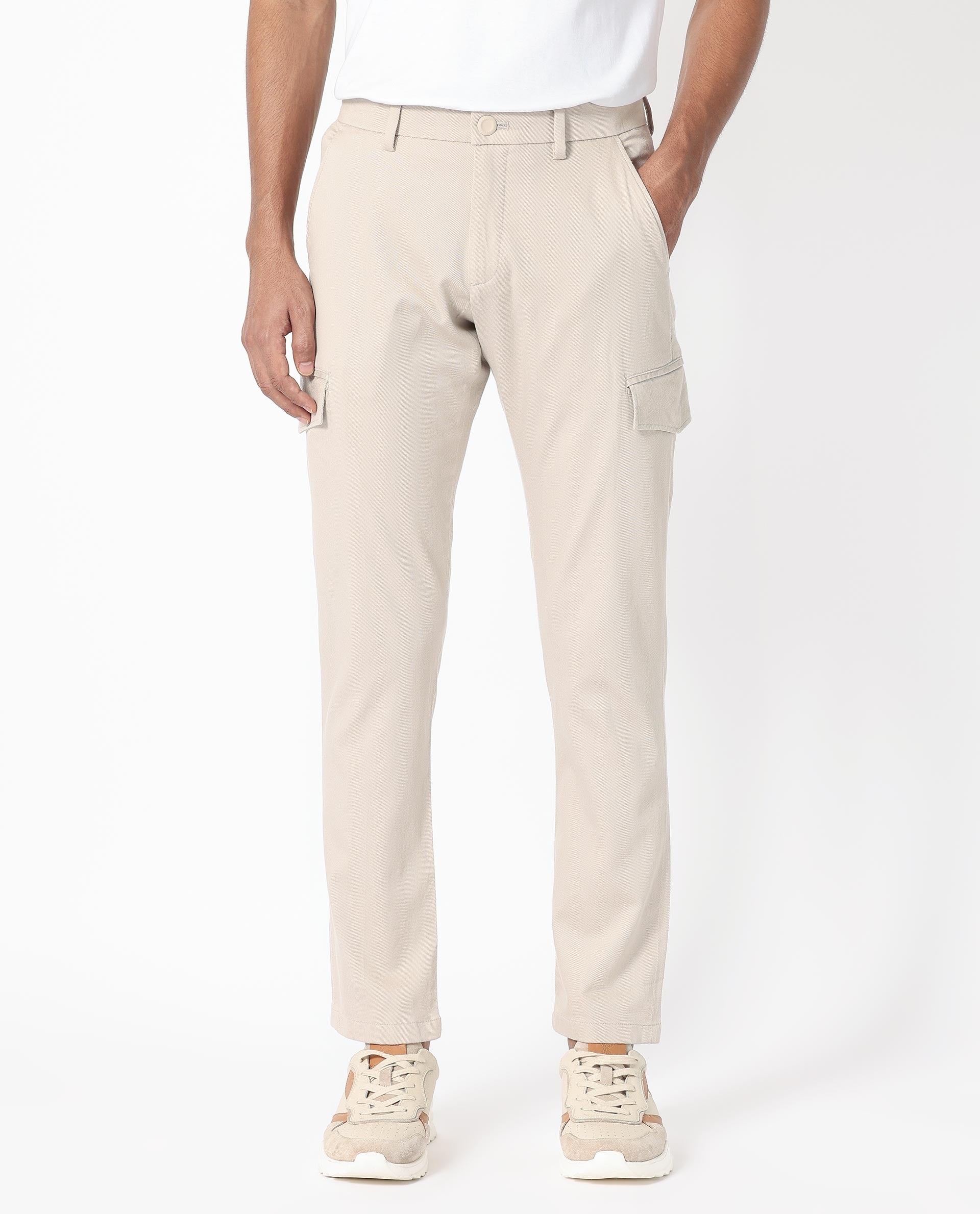Rare Rabbit Men's Curo Beige Cotton Plain Regular Fit Trouser - Image 5