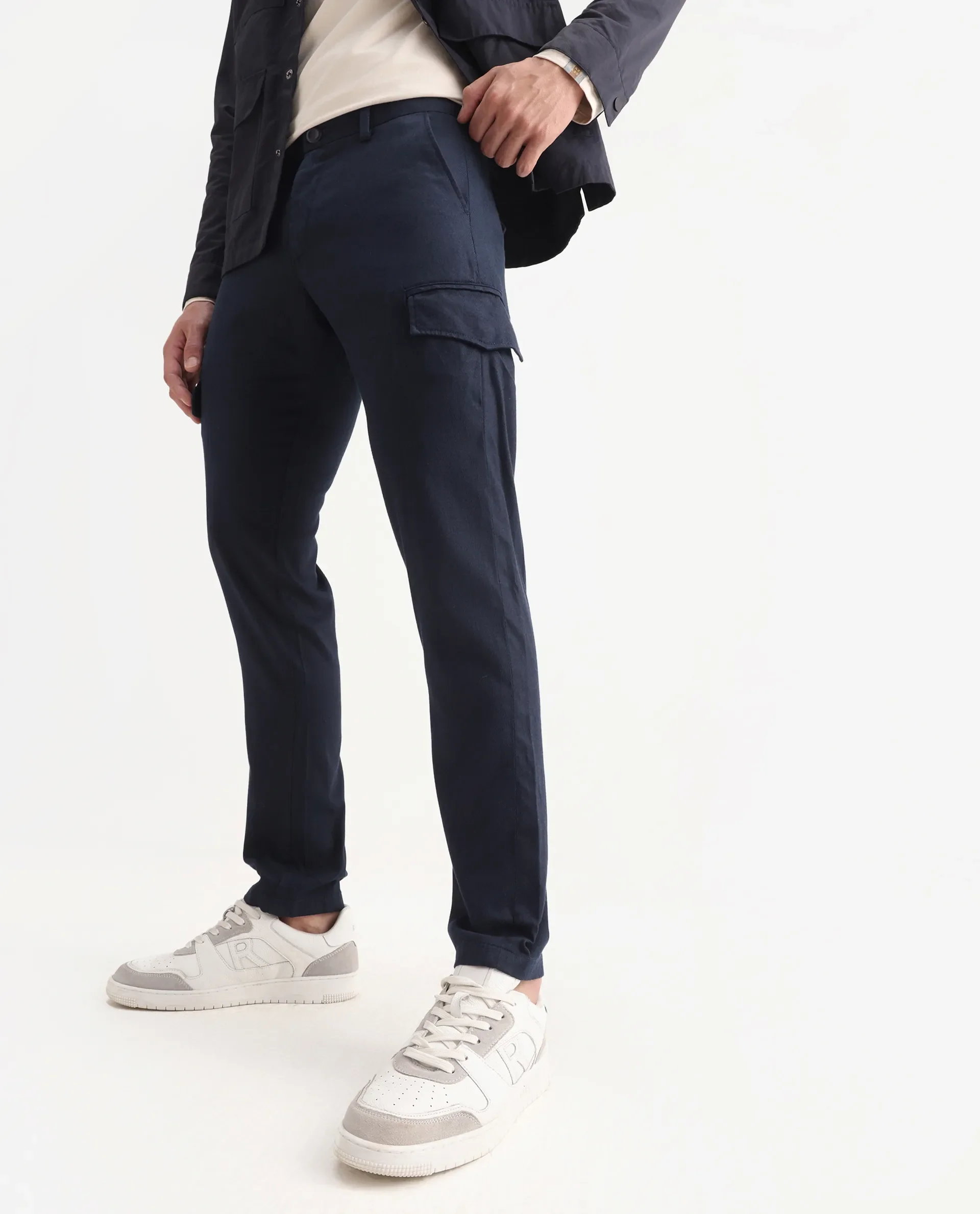 Rare Rabbit Men's Curo Navy Cotton Plain Regular Fit Trouser - Image 2