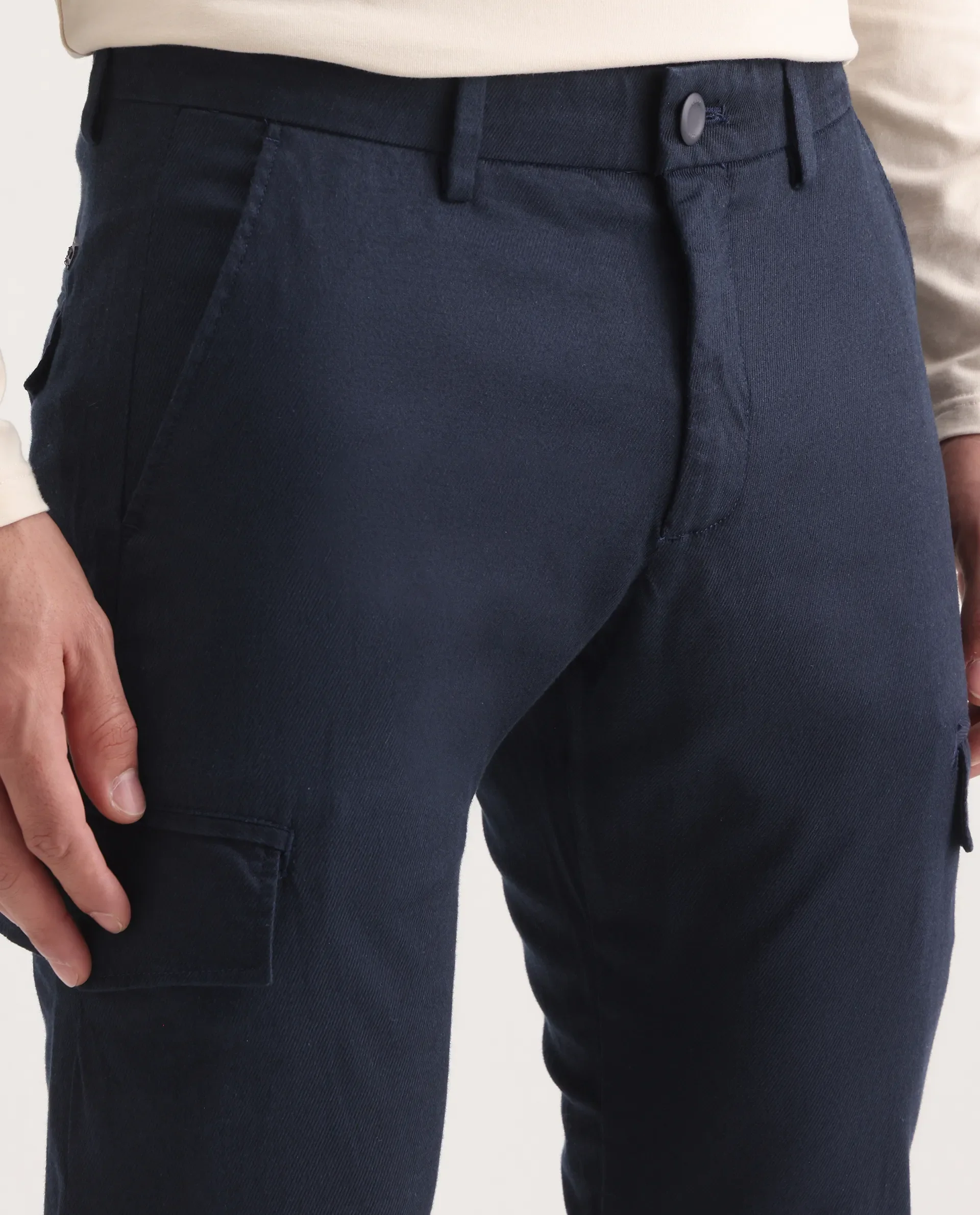 Rare Rabbit Men's Curo Navy Cotton Plain Regular Fit Trouser - Image 3