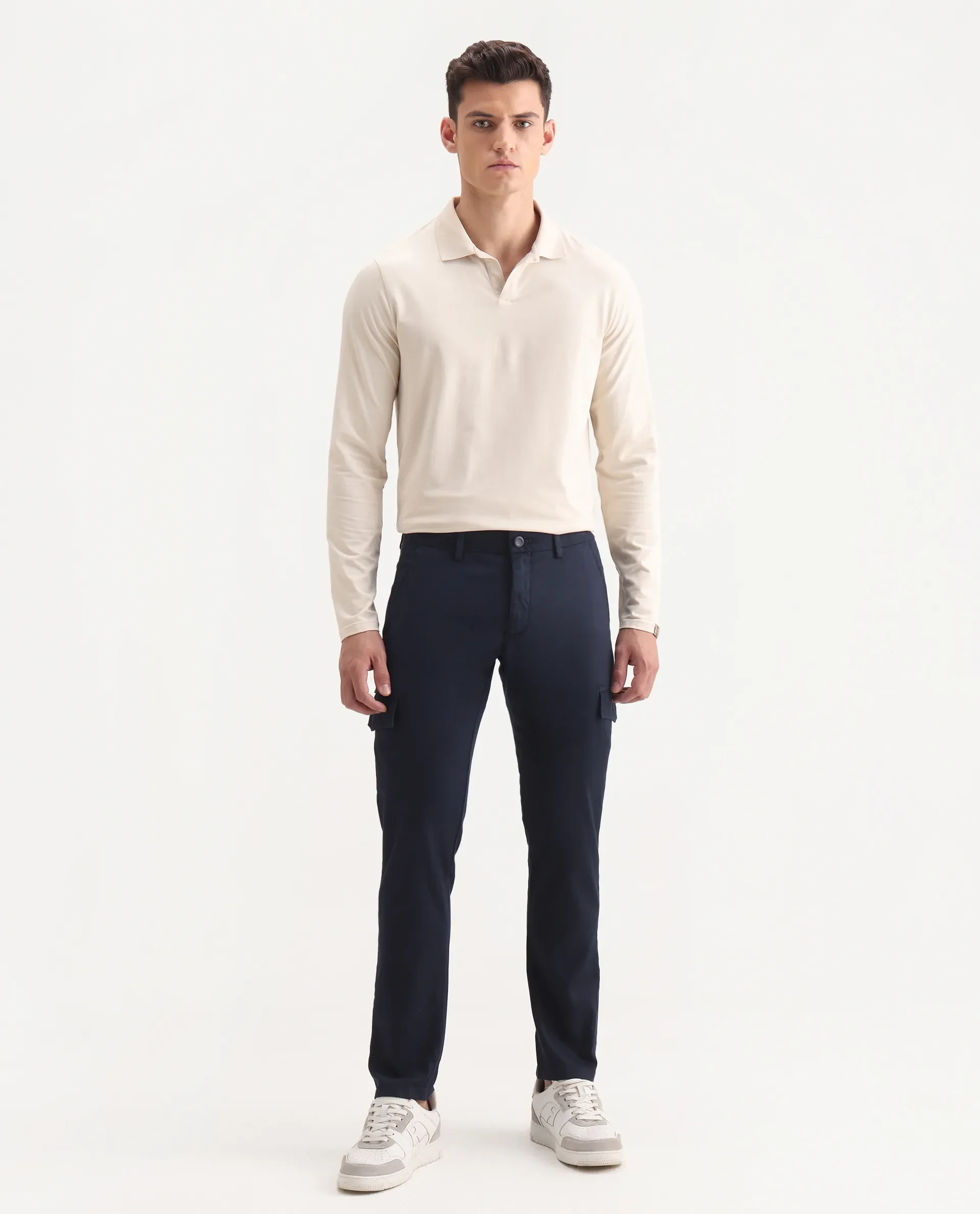 Rare Rabbit Men's Curo Navy Cotton Plain Regular Fit Trouser - Image 4