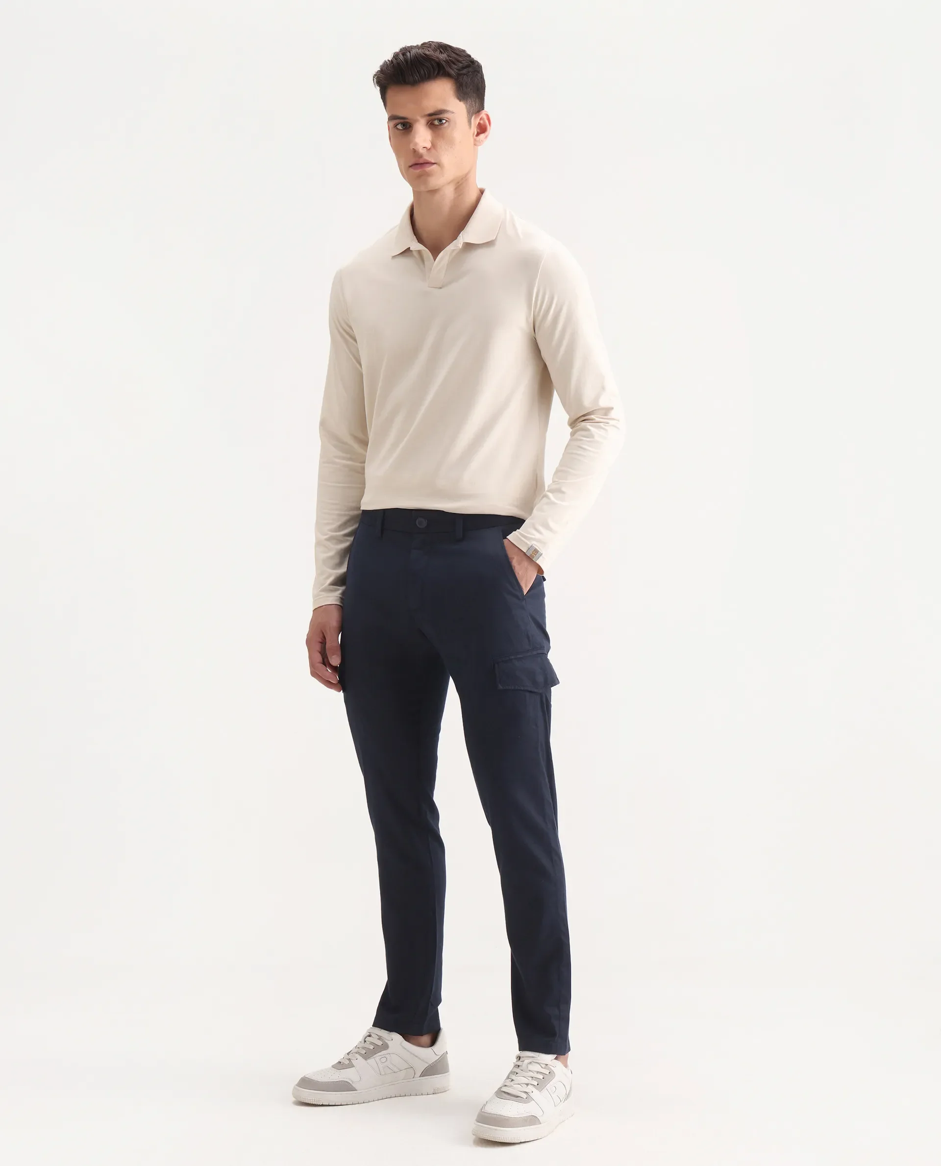 Rare Rabbit Men's Curo Navy Cotton Plain Regular Fit Trouser - Image 5