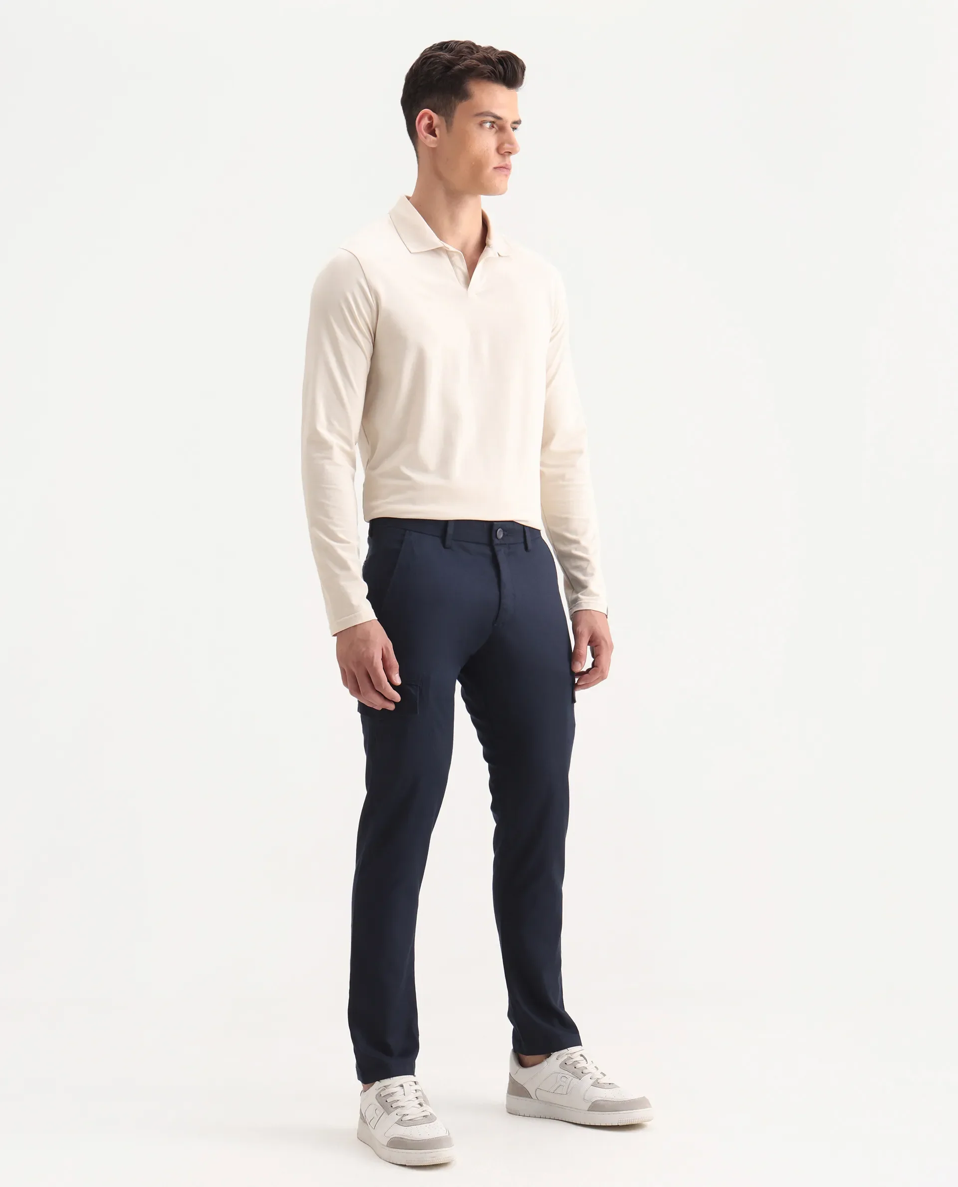 Rare Rabbit Men's Curo Navy Cotton Plain Regular Fit Trouser - Image 6