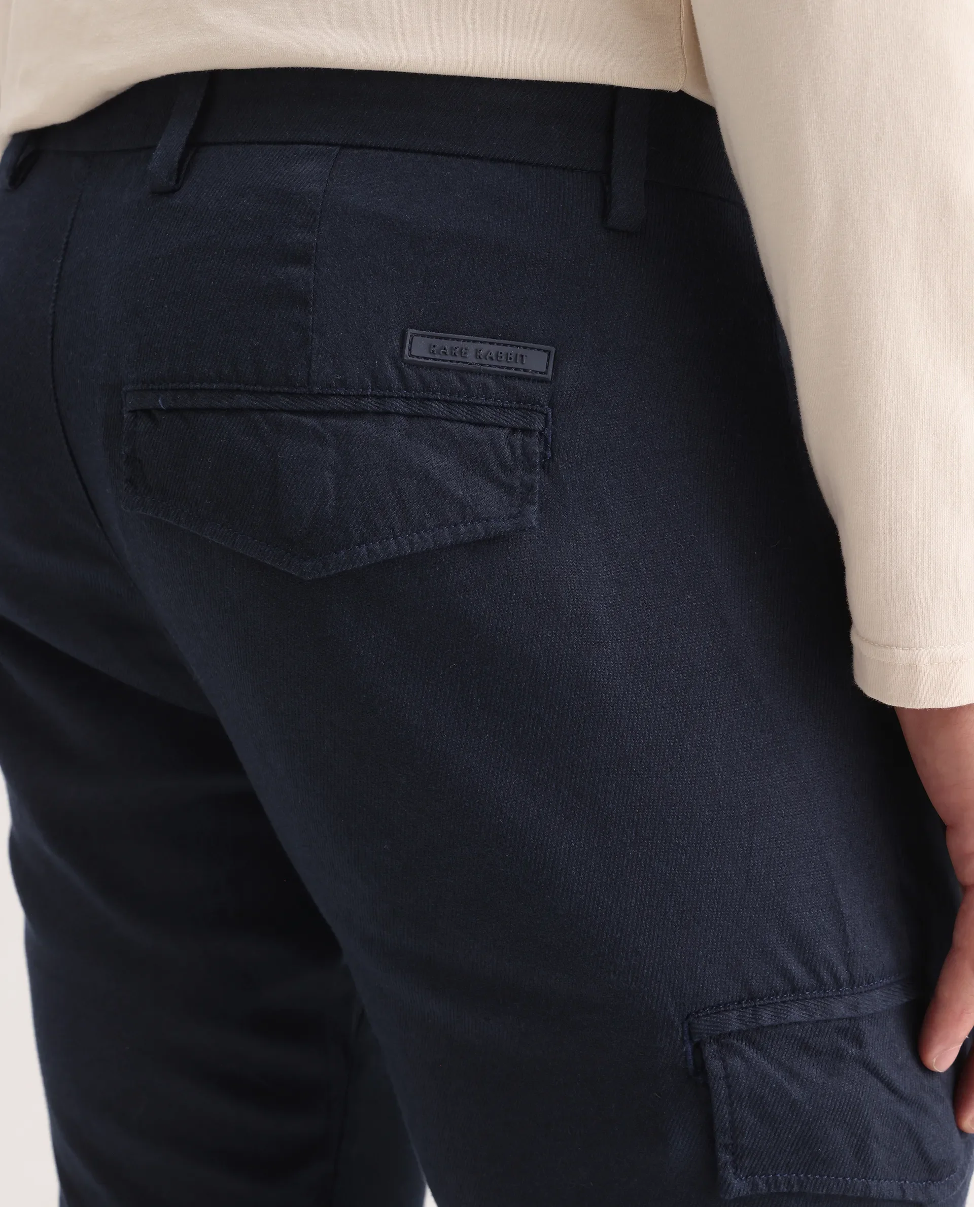 Rare Rabbit Men's Curo Navy Cotton Plain Regular Fit Trouser - Image 7