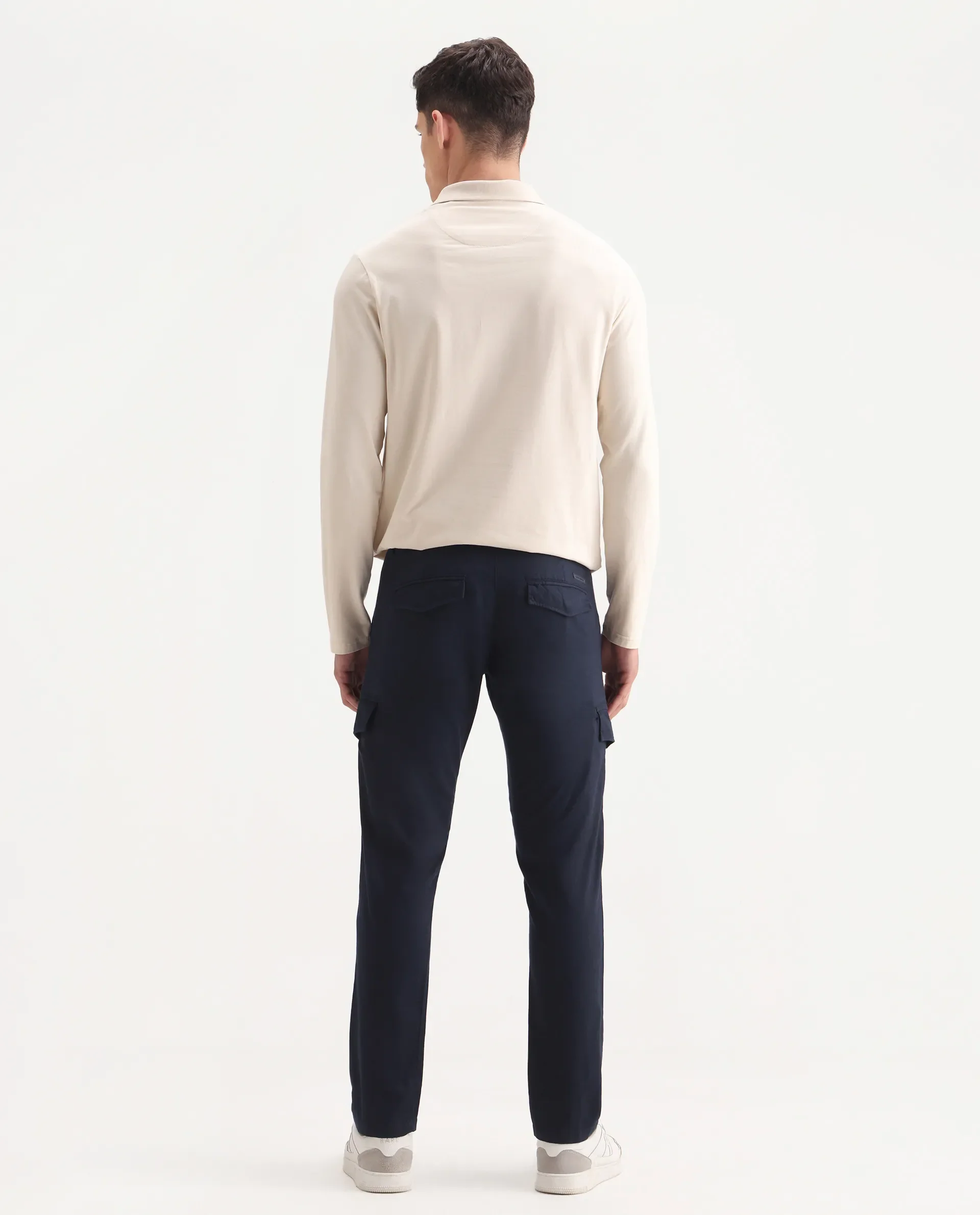 Rare Rabbit Men's Curo Navy Cotton Plain Regular Fit Trouser - Image 8