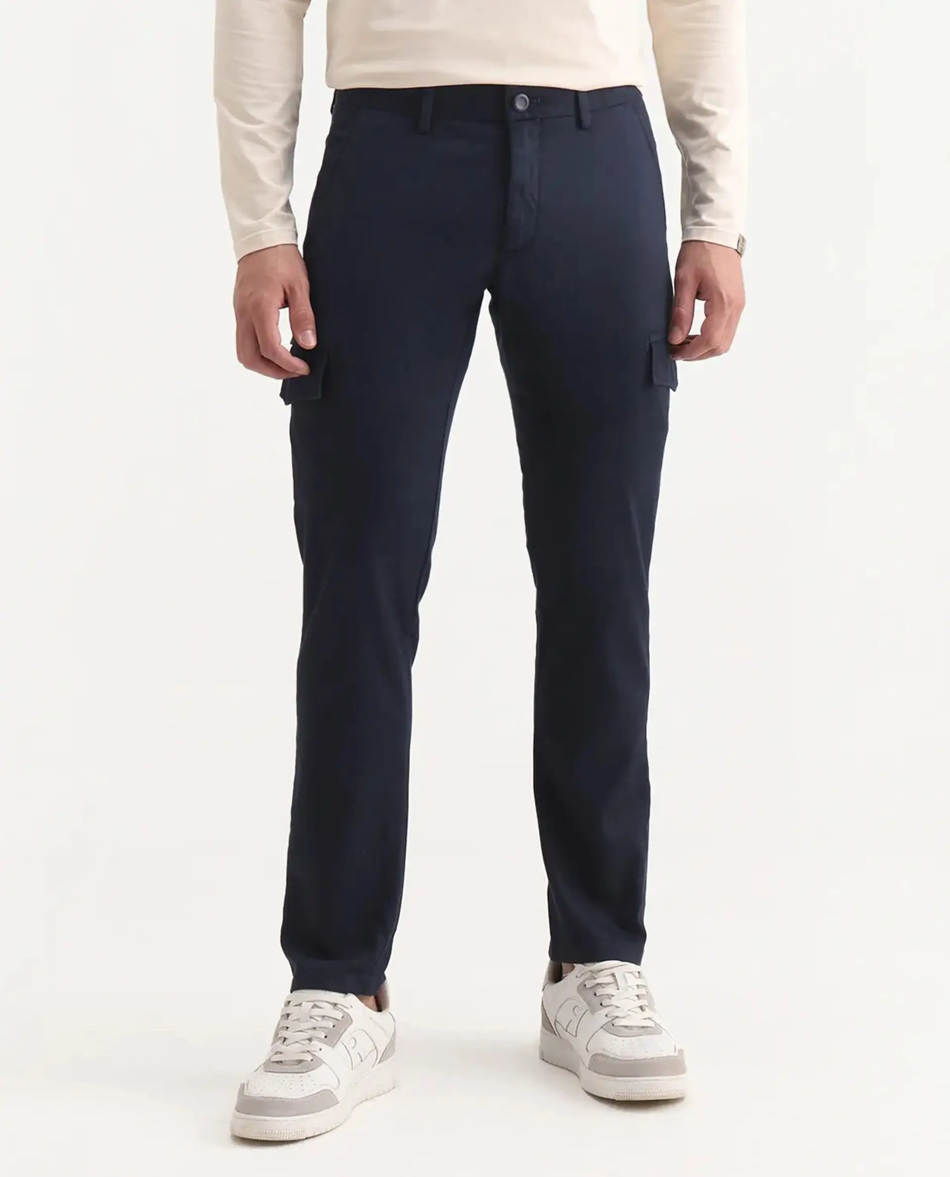 Rare Rabbit Men's Curo Navy Cotton Plain Regular Fit Trouser - Image 9