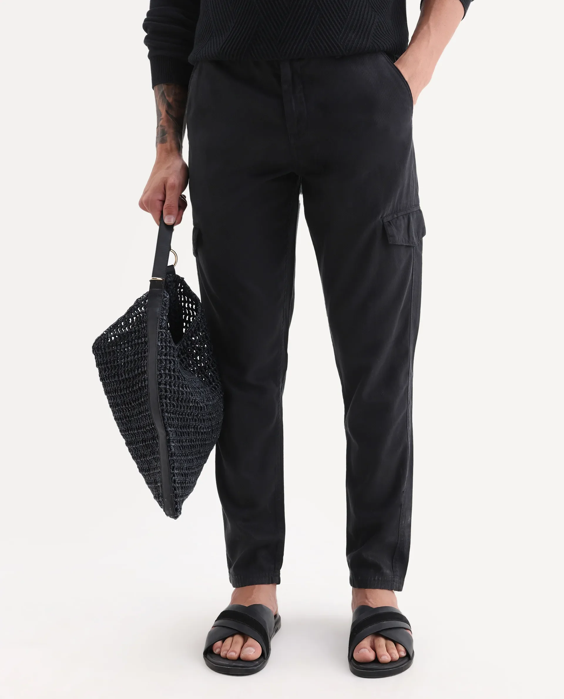 Rare Rabbit Men's Curon Black Cotton Plain Regular Fit Trouser - Image 2