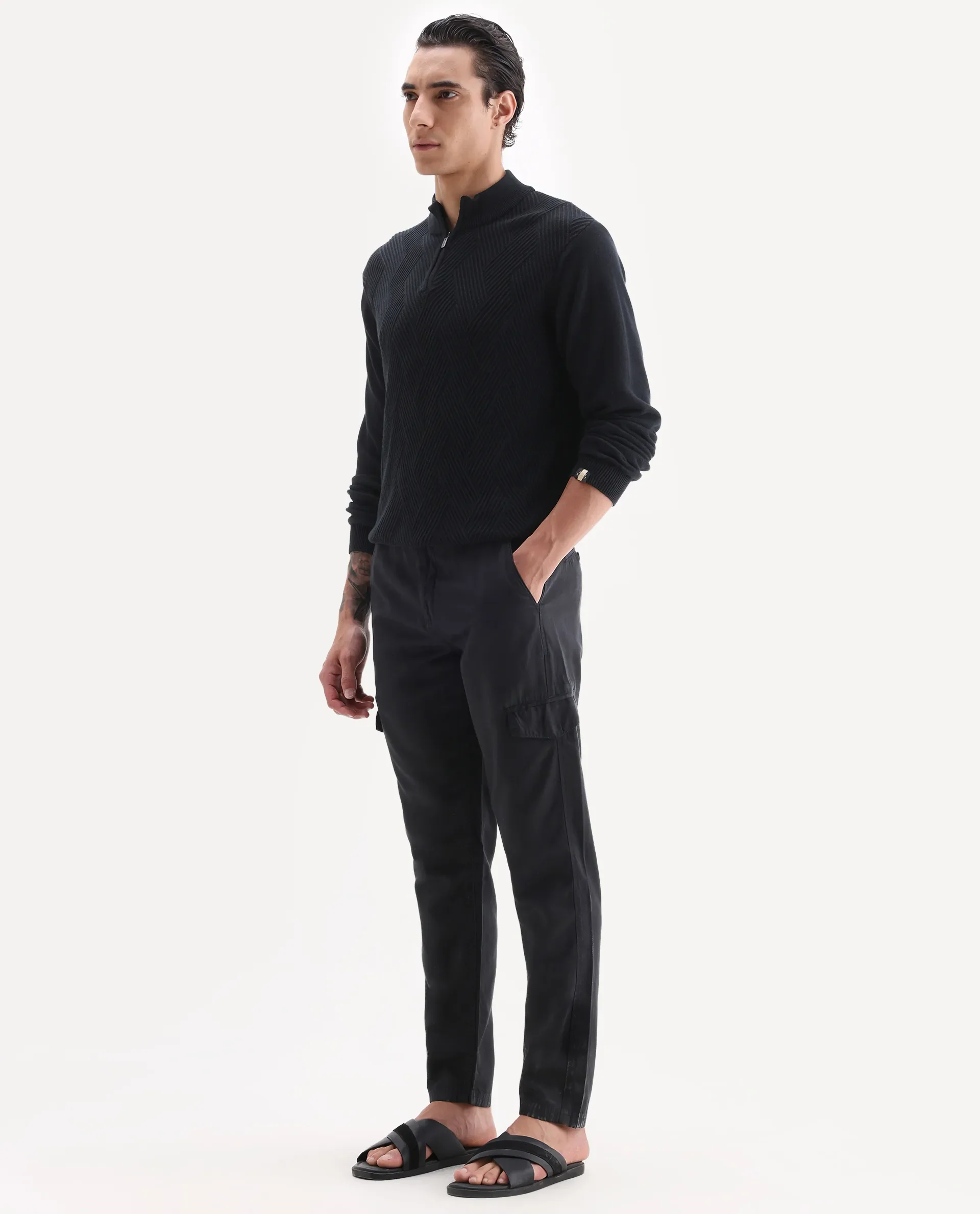 Rare Rabbit Men's Curon Black Cotton Plain Regular Fit Trouser - Image 4
