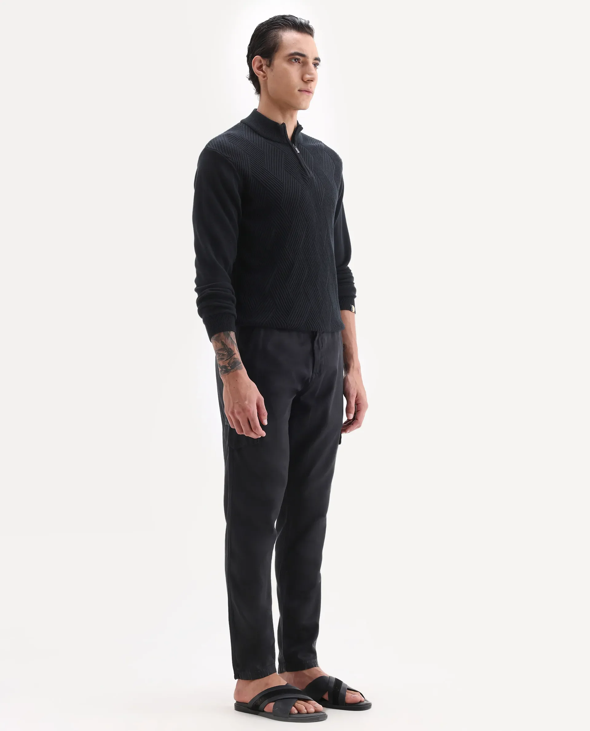 Rare Rabbit Men's Curon Black Cotton Plain Regular Fit Trouser - Image 5