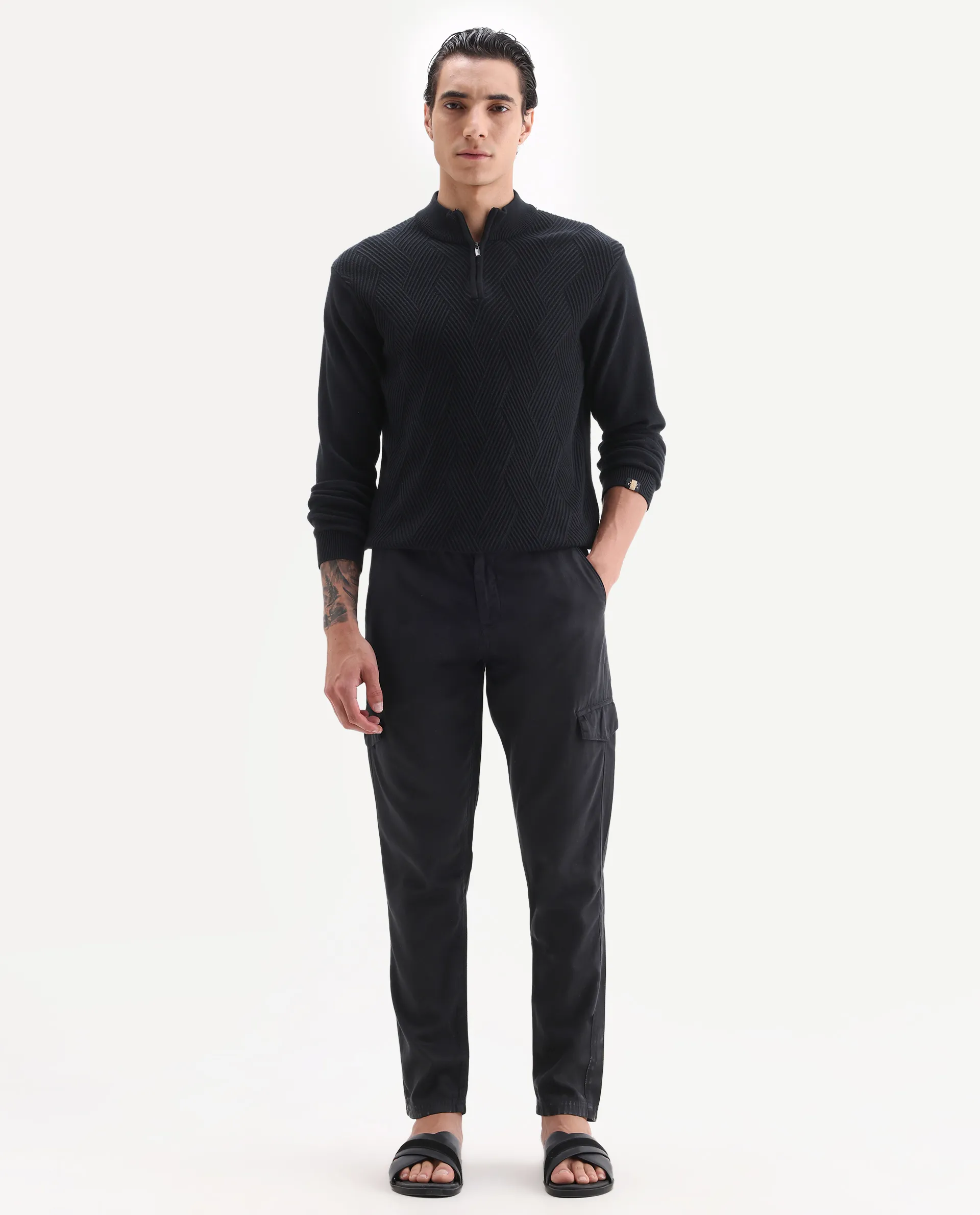 Rare Rabbit Men's Curon Black Cotton Plain Regular Fit Trouser - Image 7