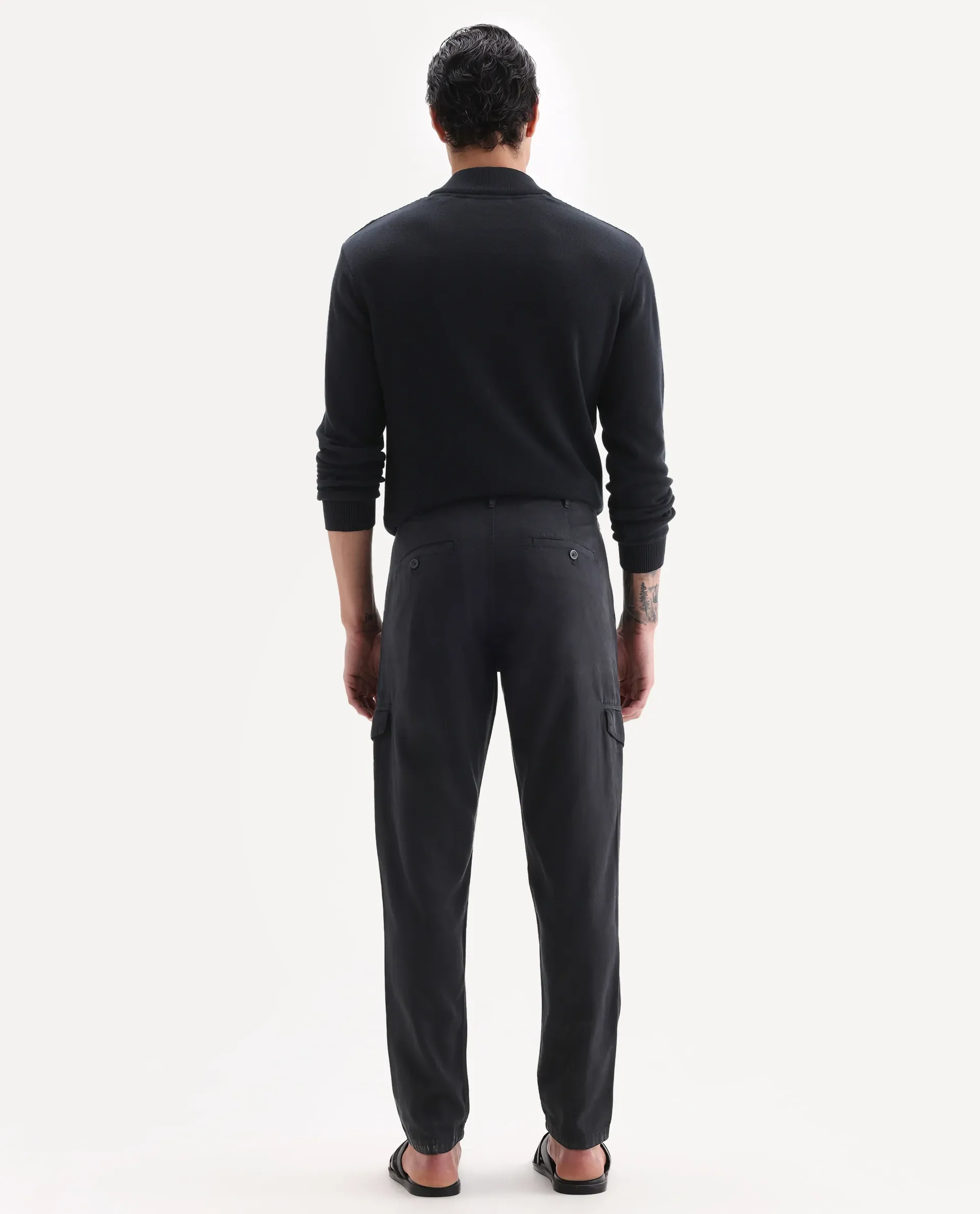 Rare Rabbit Men's Curon Black Cotton Plain Regular Fit Trouser - Image 8