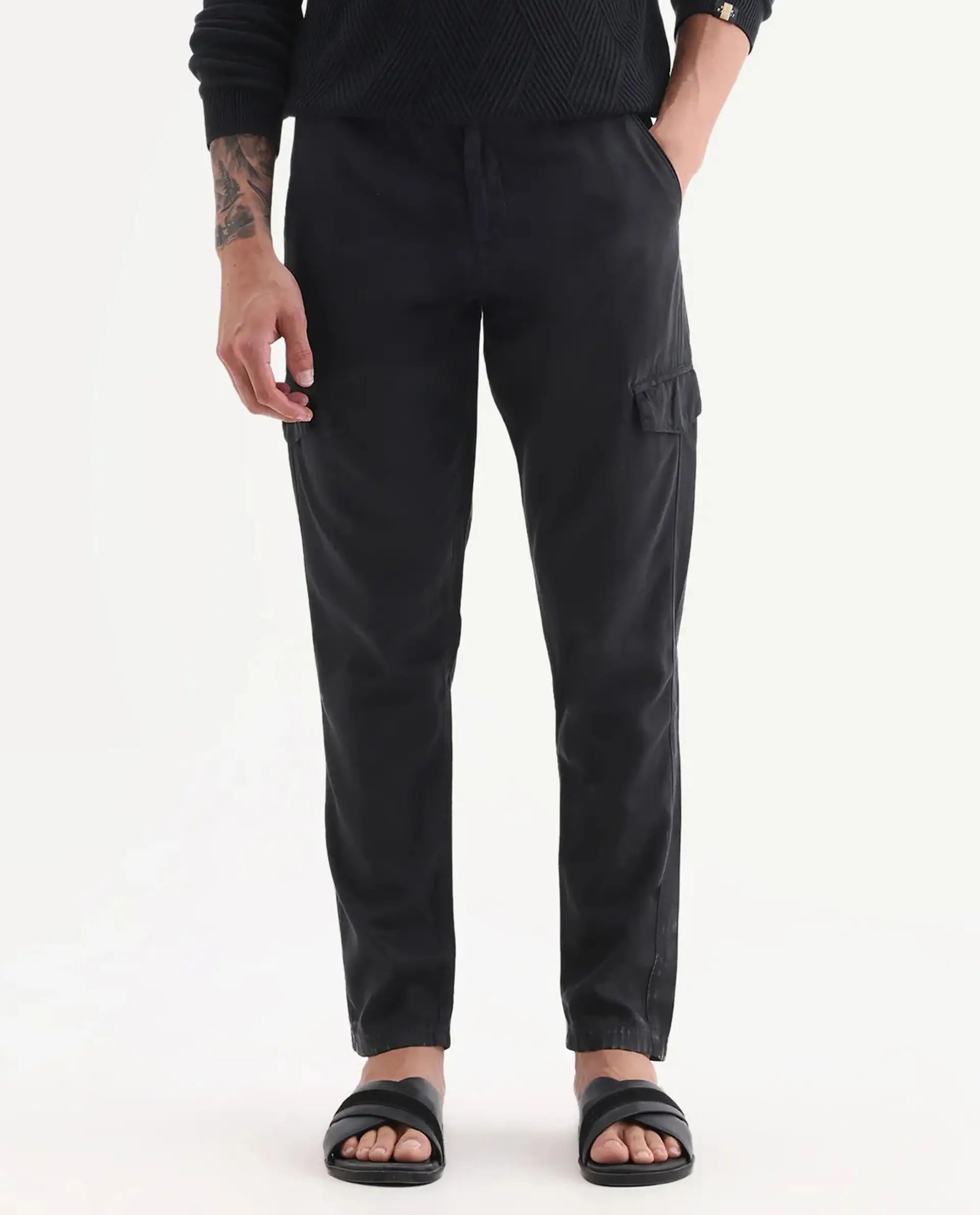Rare Rabbit Men's Curon Black Cotton Plain Regular Fit Trouser - Image 9