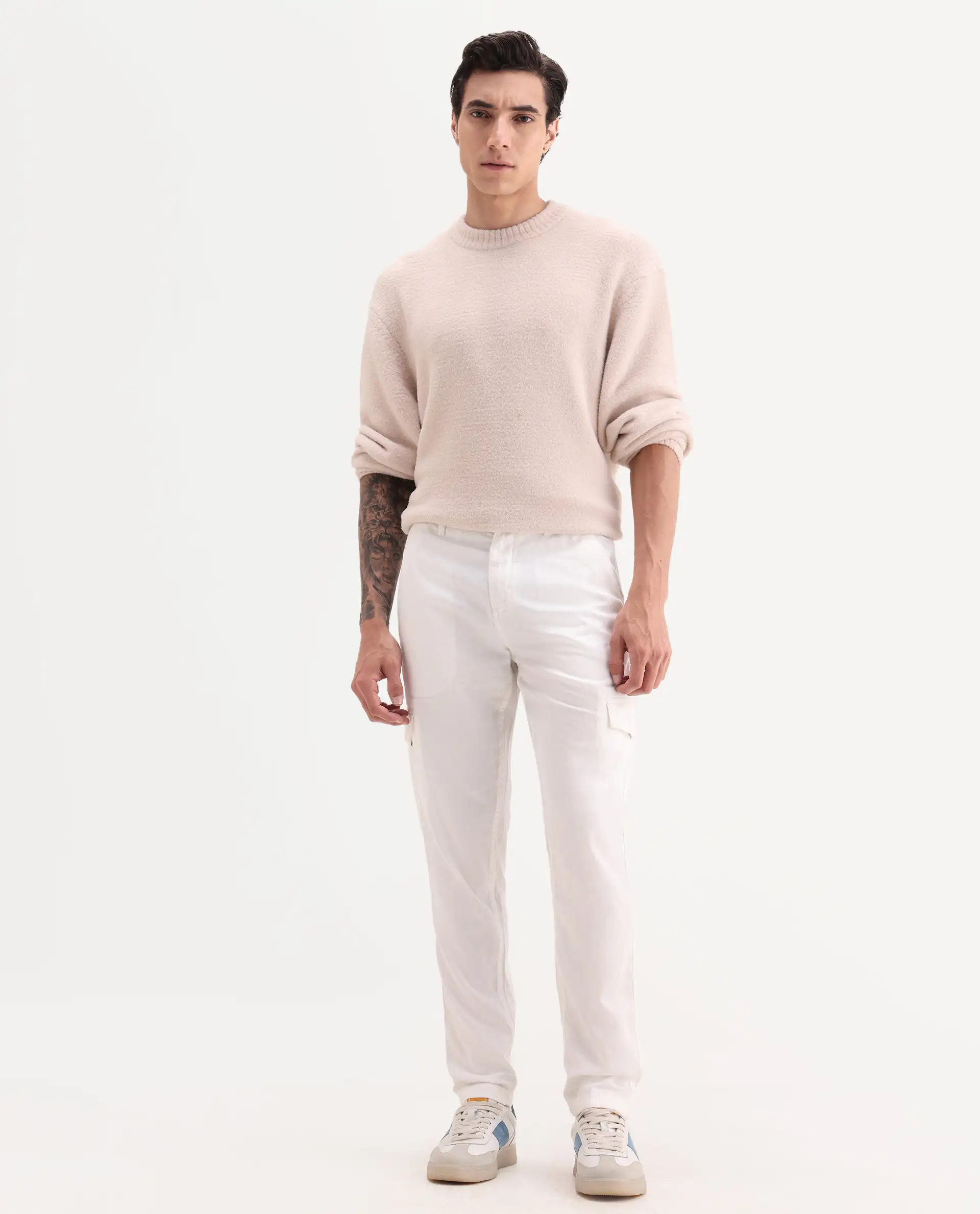 Rare Rabbit Men's Curon Off White Cotton Plain Regular Fit Trouser - Image 4